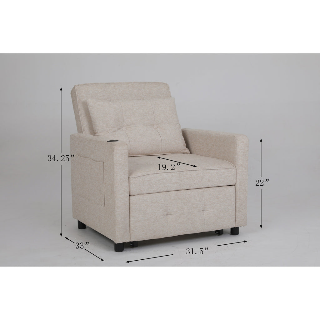 Fauteuil inclinable en lin, lit gigogne, fauteuil de salon pliant, fauteuil convertible avec port USB, porte-gobelet et poches latérales