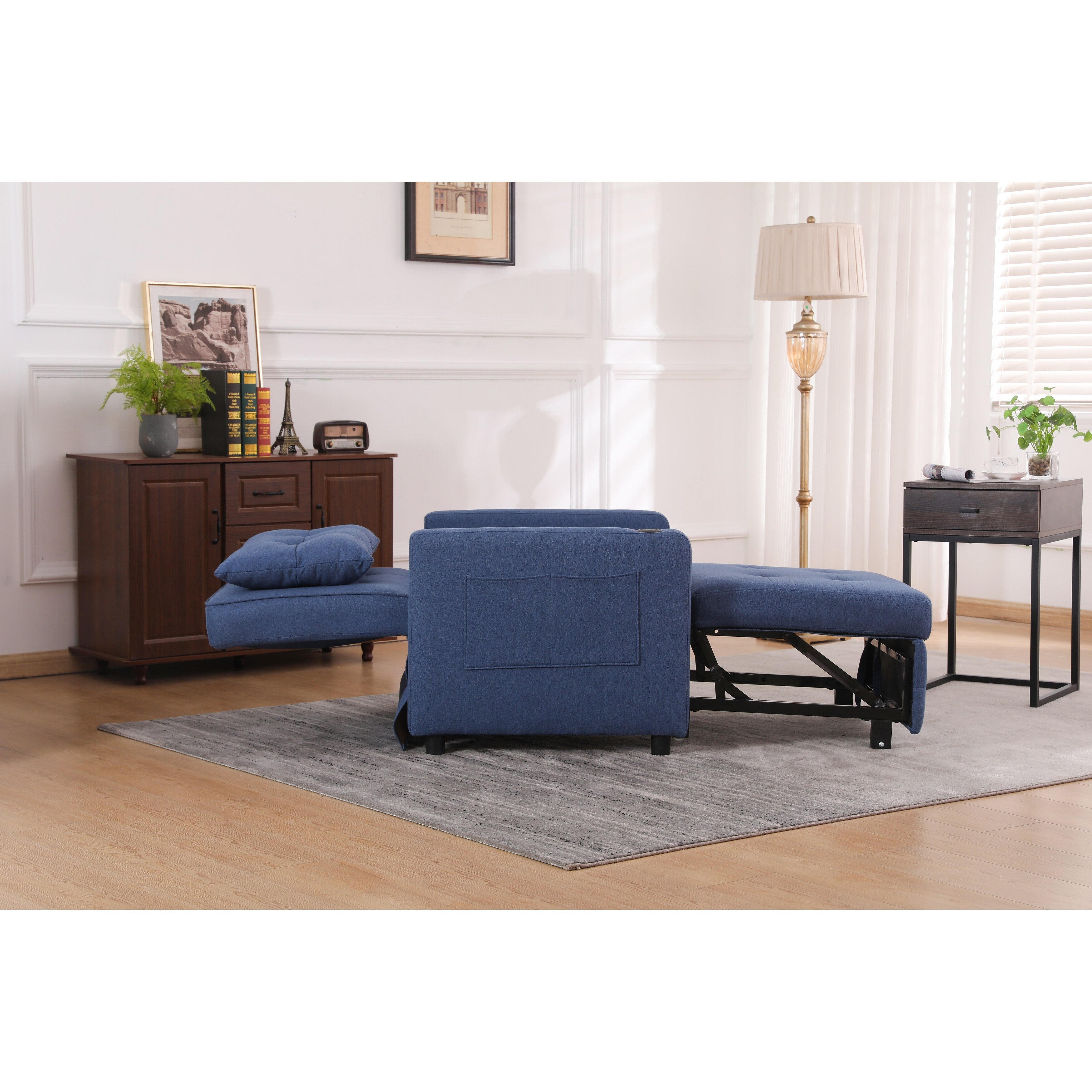 Fauteuil inclinable en lin, lit gigogne, fauteuil de salon pliant, fauteuil convertible avec port USB, porte-gobelet et poches latérales