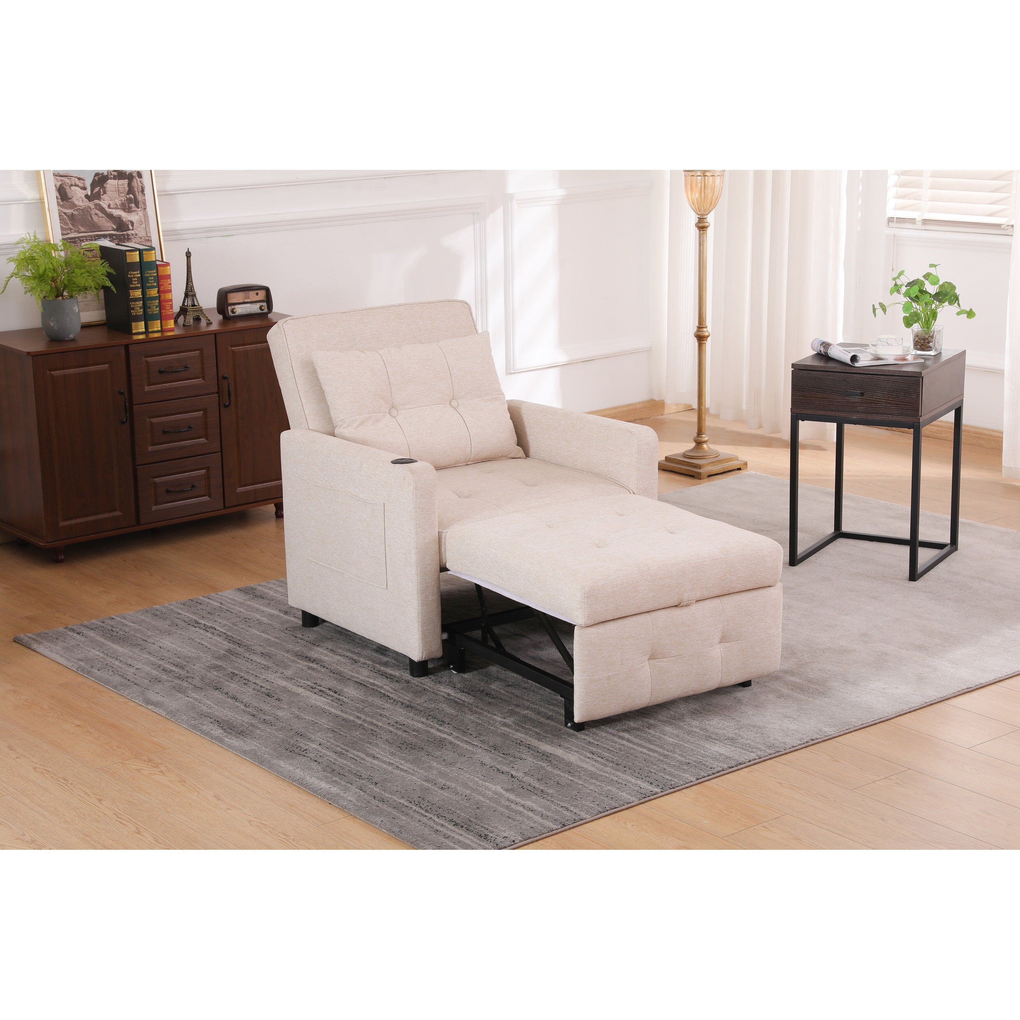 Fauteuil inclinable en lin, lit gigogne, fauteuil de salon pliant, fauteuil convertible avec port USB, porte-gobelet et poches latérales