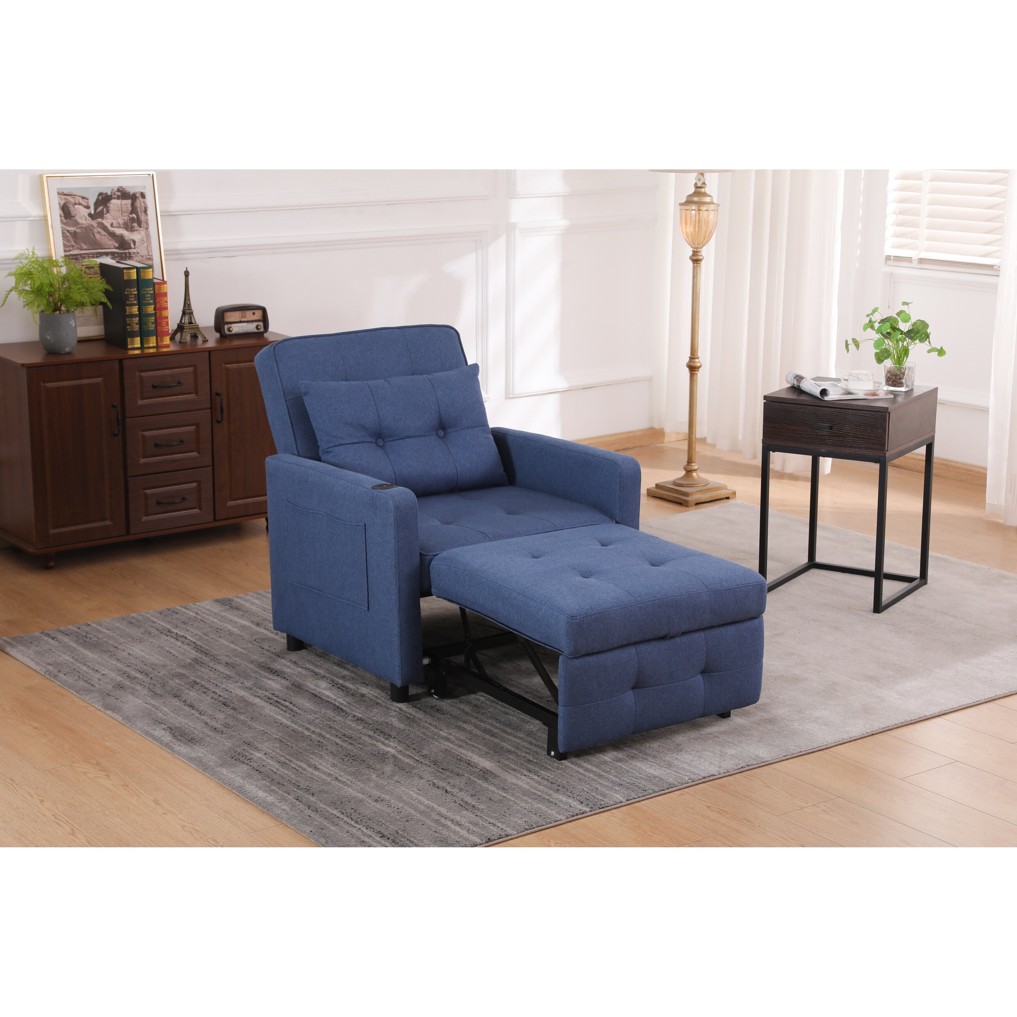 Fauteuil inclinable en lin, lit gigogne, fauteuil de salon pliant, fauteuil convertible avec port USB, porte-gobelet et poches latérales
