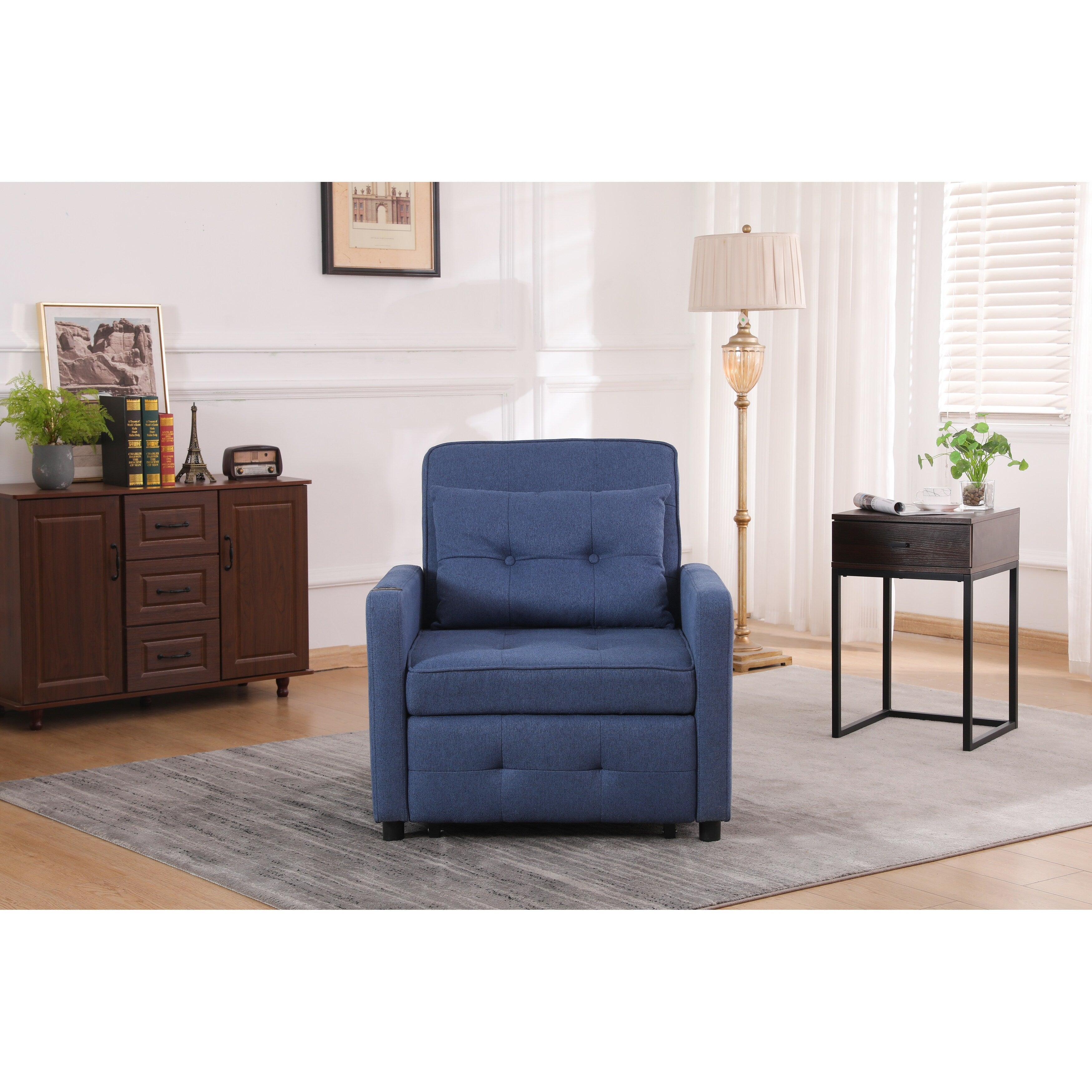 Fauteuil inclinable en lin, lit gigogne, fauteuil de salon pliant, fauteuil convertible avec port USB, porte-gobelet et poches latérales