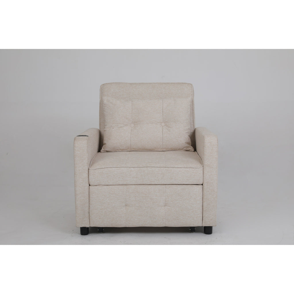 Fauteuil inclinable en lin, lit gigogne, fauteuil de salon pliant, fauteuil convertible avec port USB, porte-gobelet et poches latérales