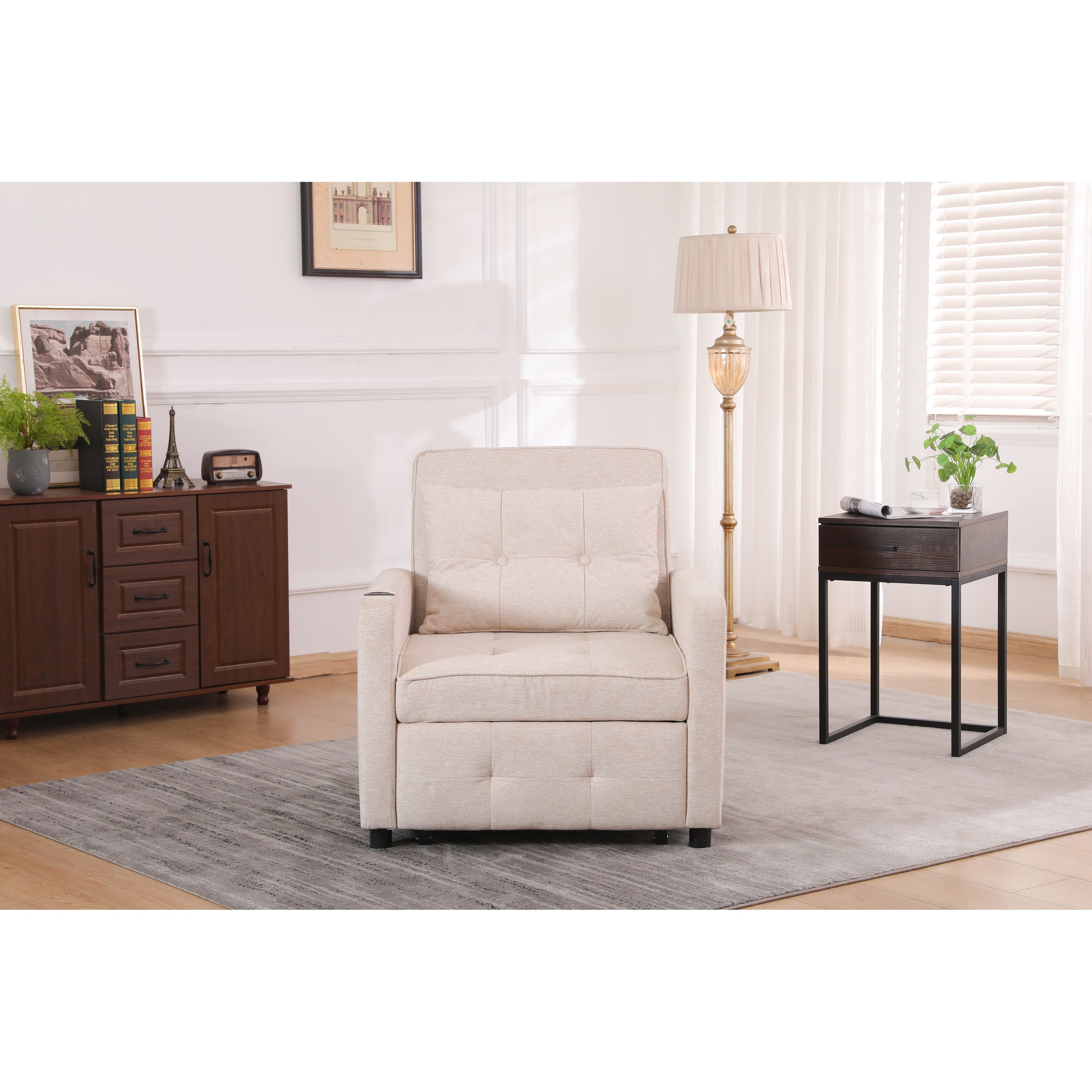 Fauteuil inclinable en lin, lit gigogne, fauteuil de salon pliant, fauteuil convertible avec port USB, porte-gobelet et poches latérales
