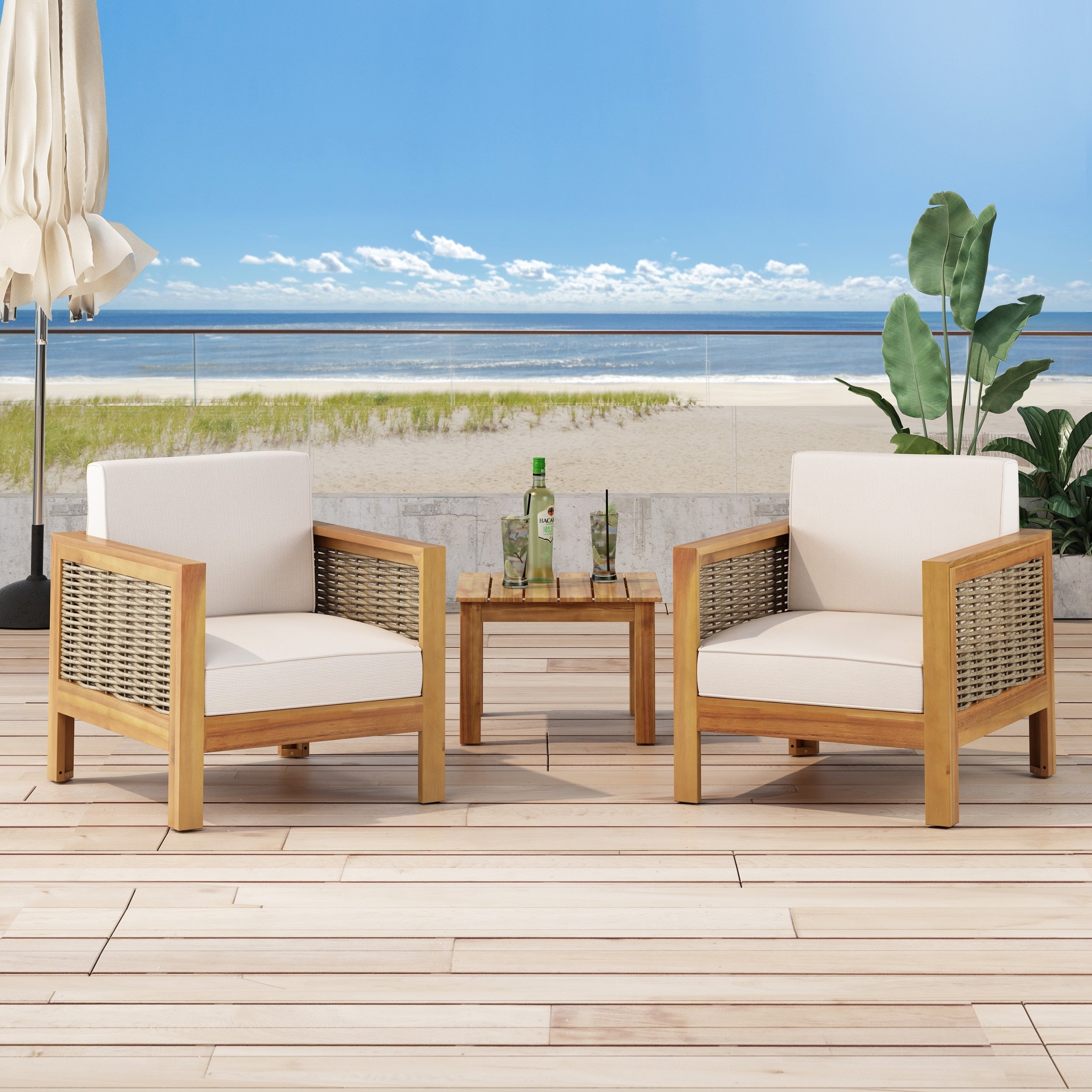 Fauteuil club d'extérieur Linwood en bois d'acacia avec détails en osier (lot de 2) par Christopher Knight Home
