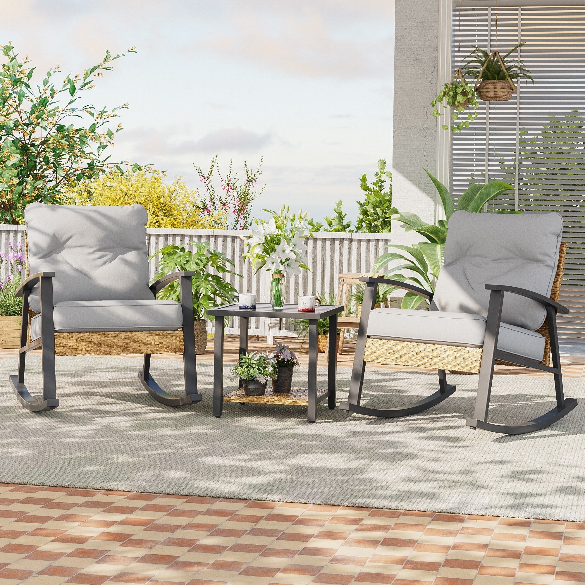 Ensemble de bistrot à bascule 3 pièces Livoosun, mobilier de jardin, ensemble de 2 chaises de patio avec table d'appoint pour jardin