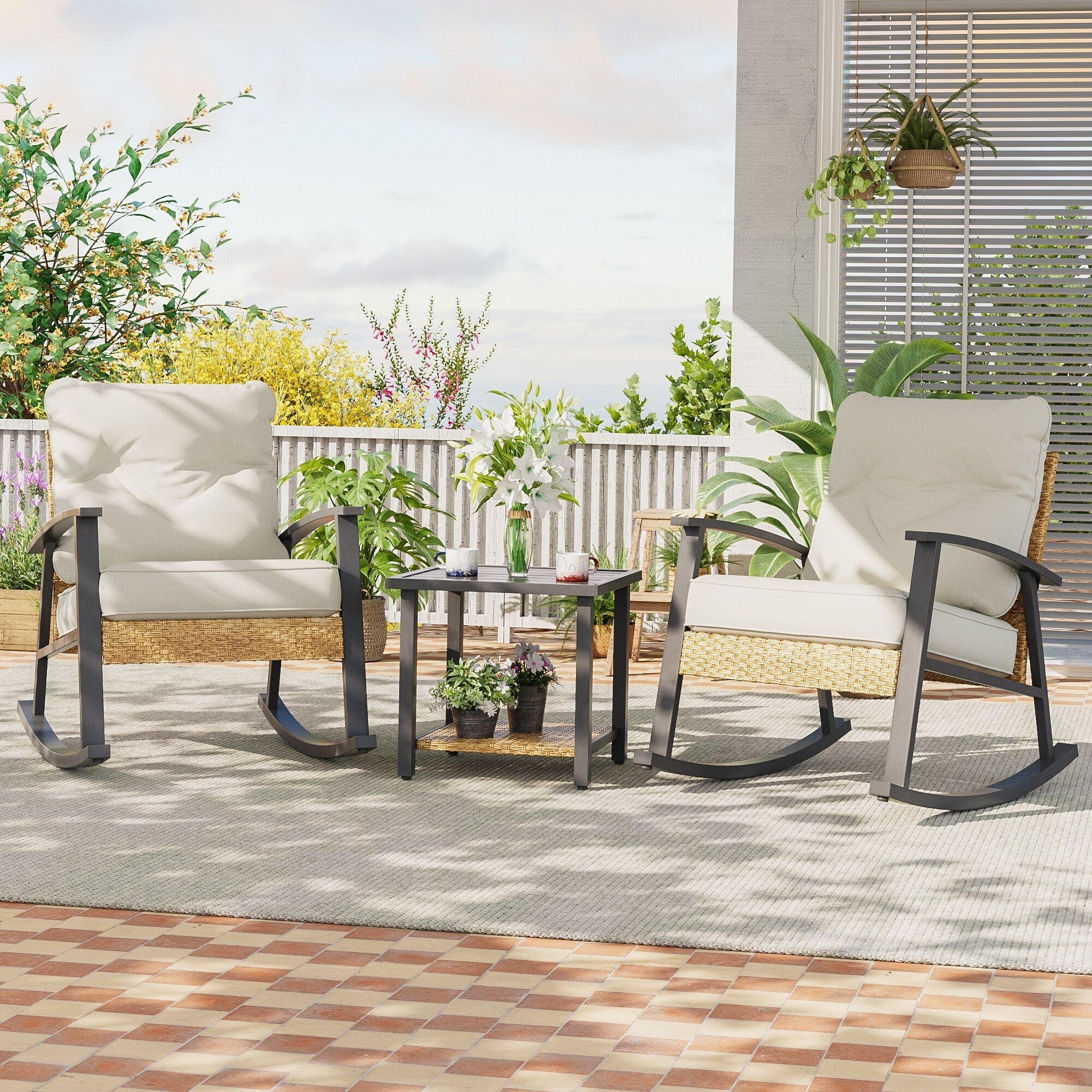 Ensemble de bistrot à bascule 3 pièces Livoosun, mobilier de jardin, ensemble de 2 chaises de patio avec table d'appoint pour jardin