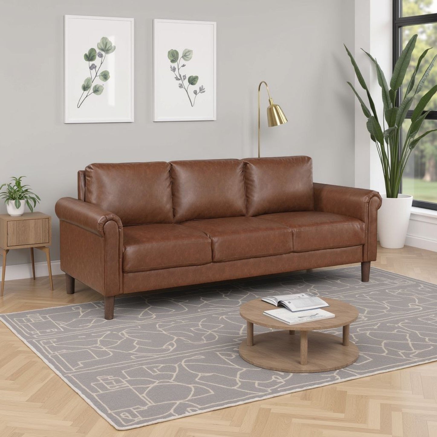 Canapé Lo avec accoudoirs roulés, similicuir marron foncé style milieu du siècle, 79 pouces