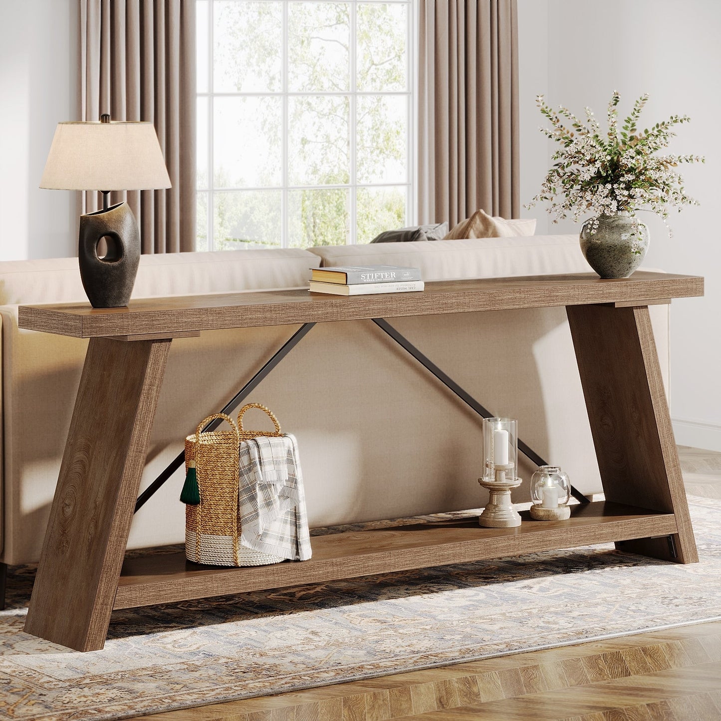 Table console en bois rustique de 70,9 pouces de long avec étagère de rangement