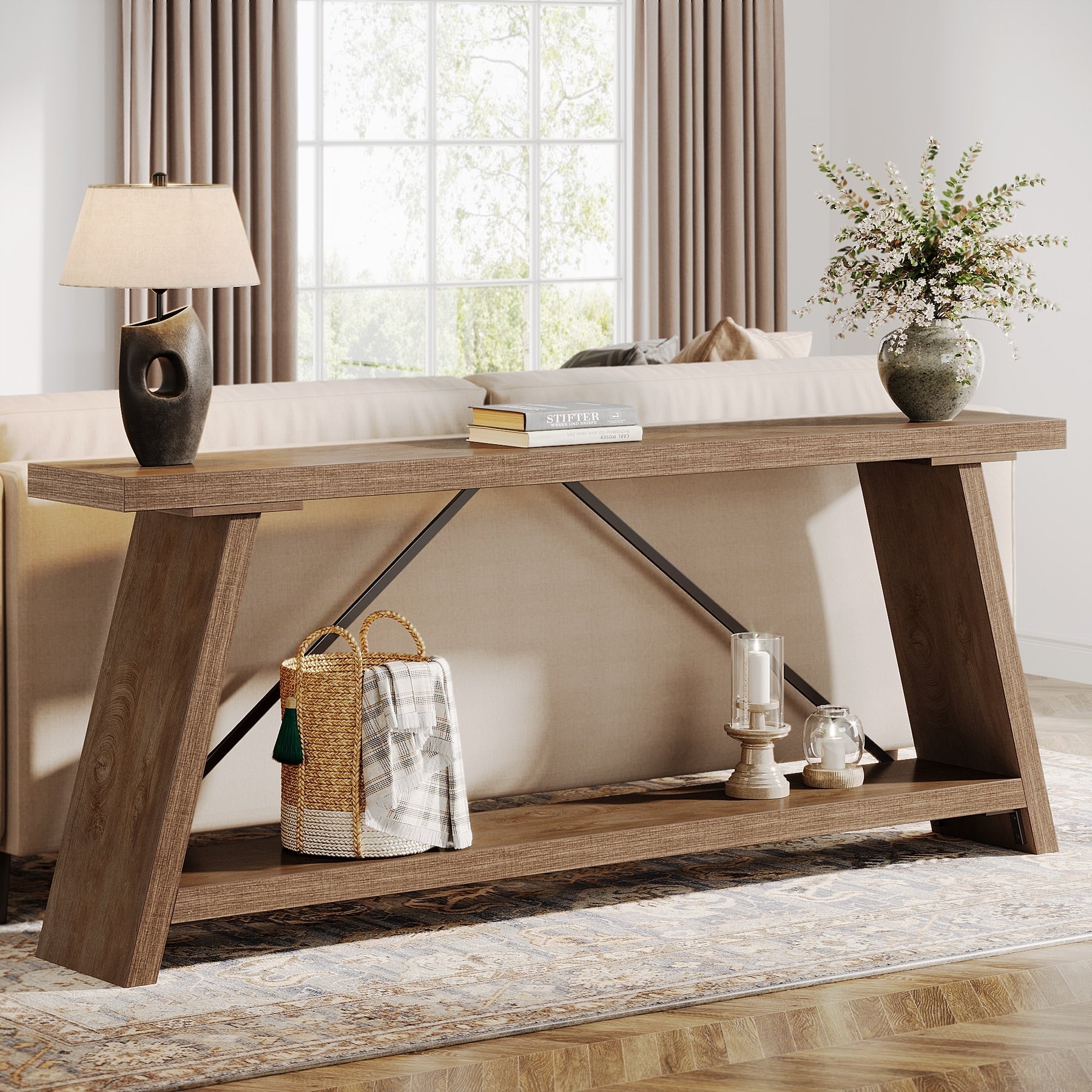 Table console en bois rustique de 70,9 pouces de long avec étagère de rangement