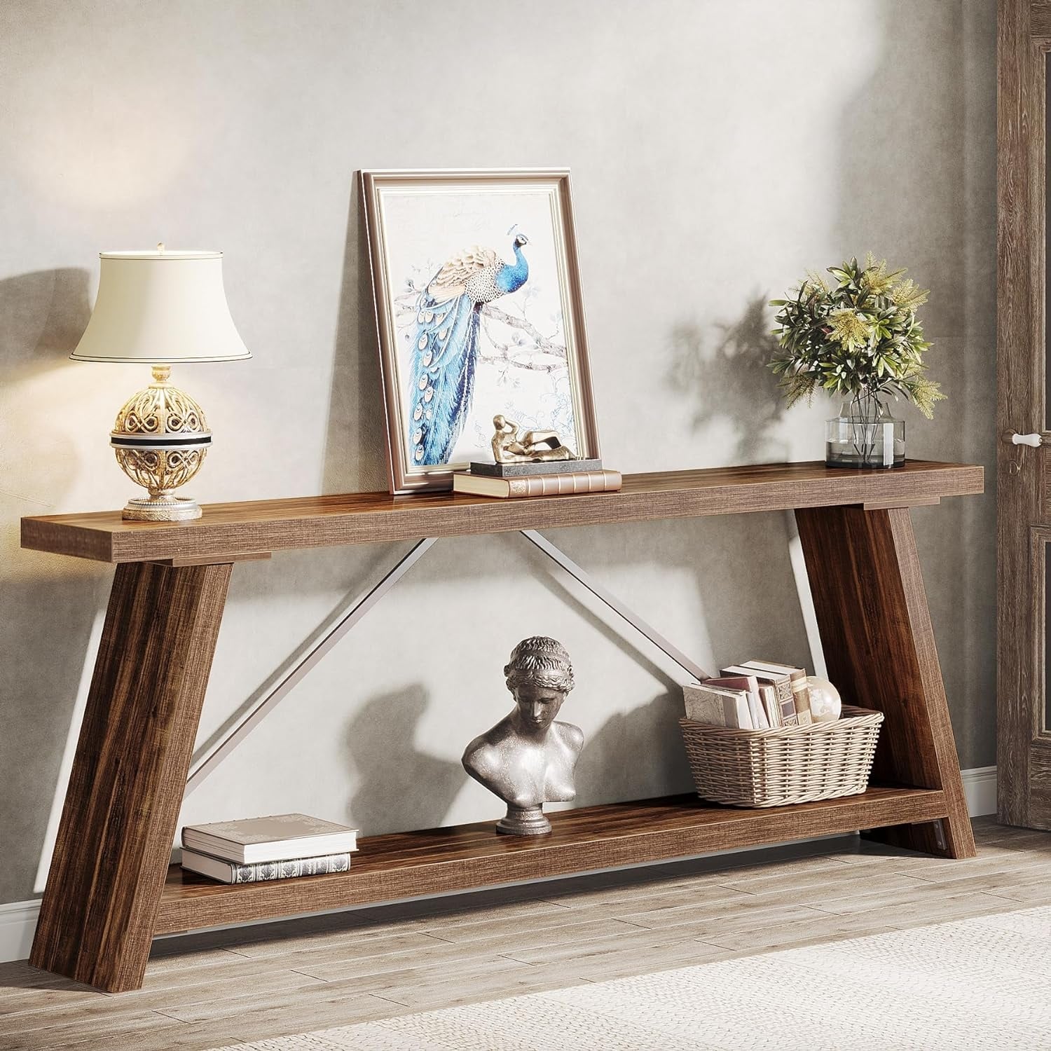 Table console en bois rustique de 70,9 pouces de long avec étagère de rangement