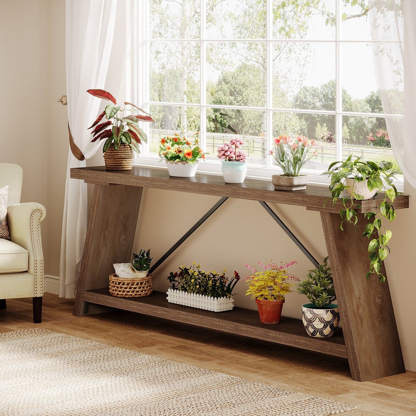 Table console en bois rustique de 70,9 pouces de long avec étagère de rangement