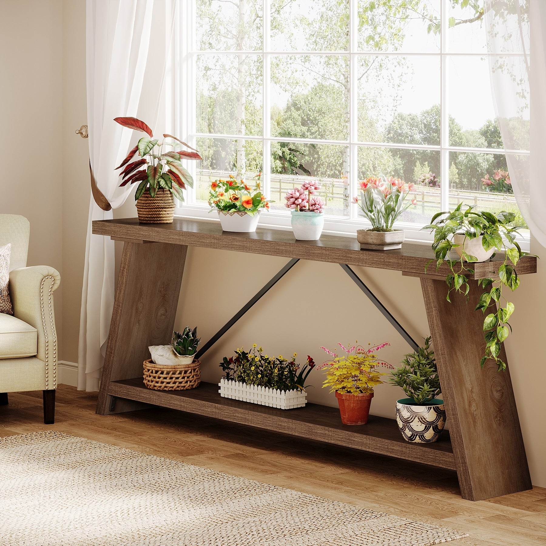 Table console en bois rustique de 70,9 pouces de long avec étagère de rangement