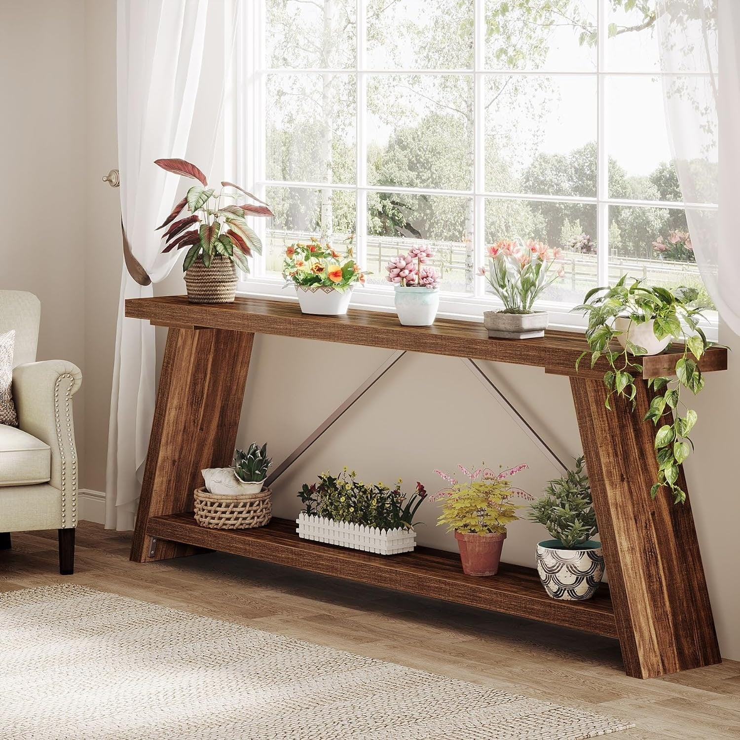 Table console en bois rustique de 70,9 pouces de long avec étagère de rangement