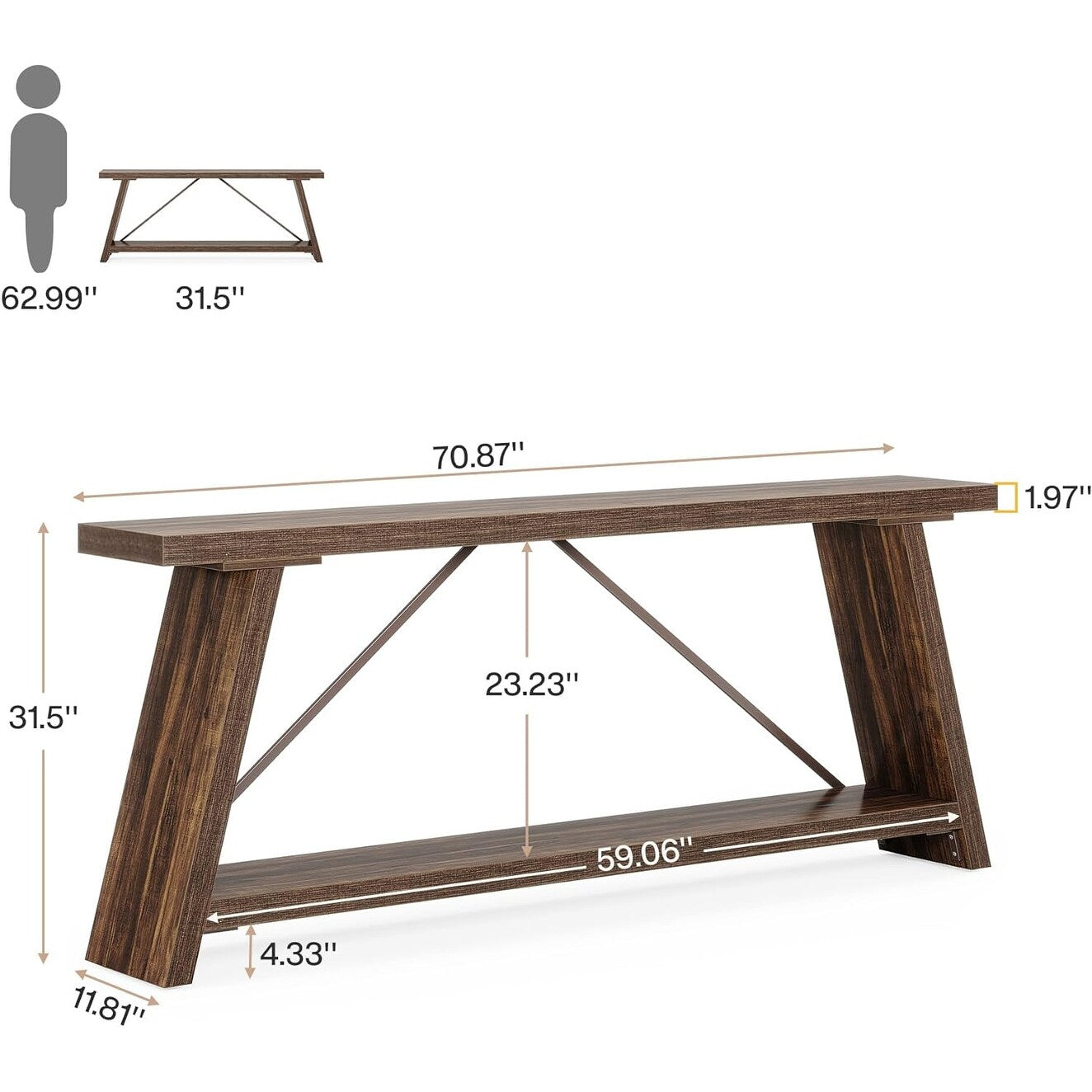 Table console en bois rustique de 70,9 pouces de long avec étagère de rangement