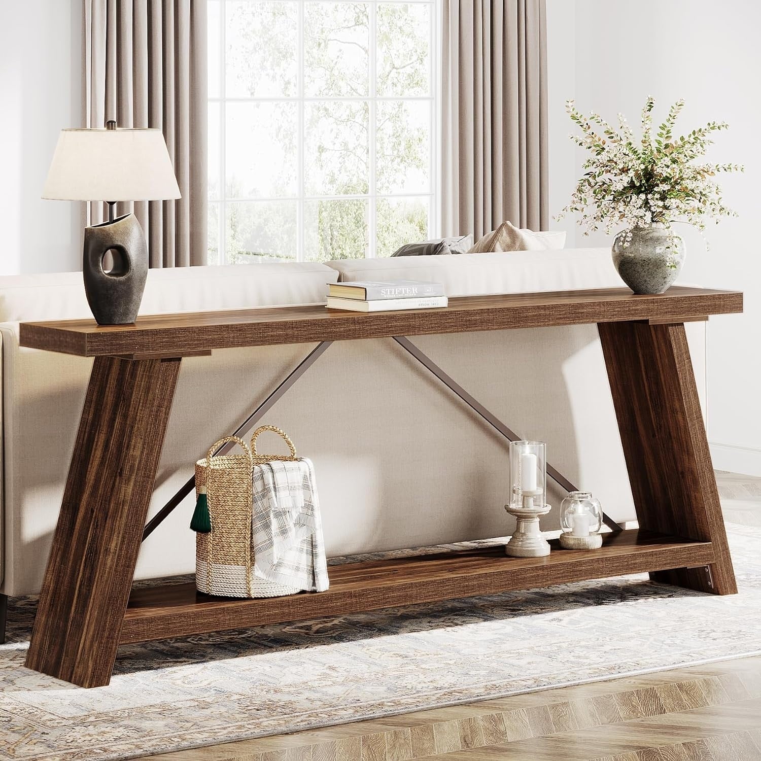 Table console en bois rustique de 70,9 pouces de long avec étagère de rangement