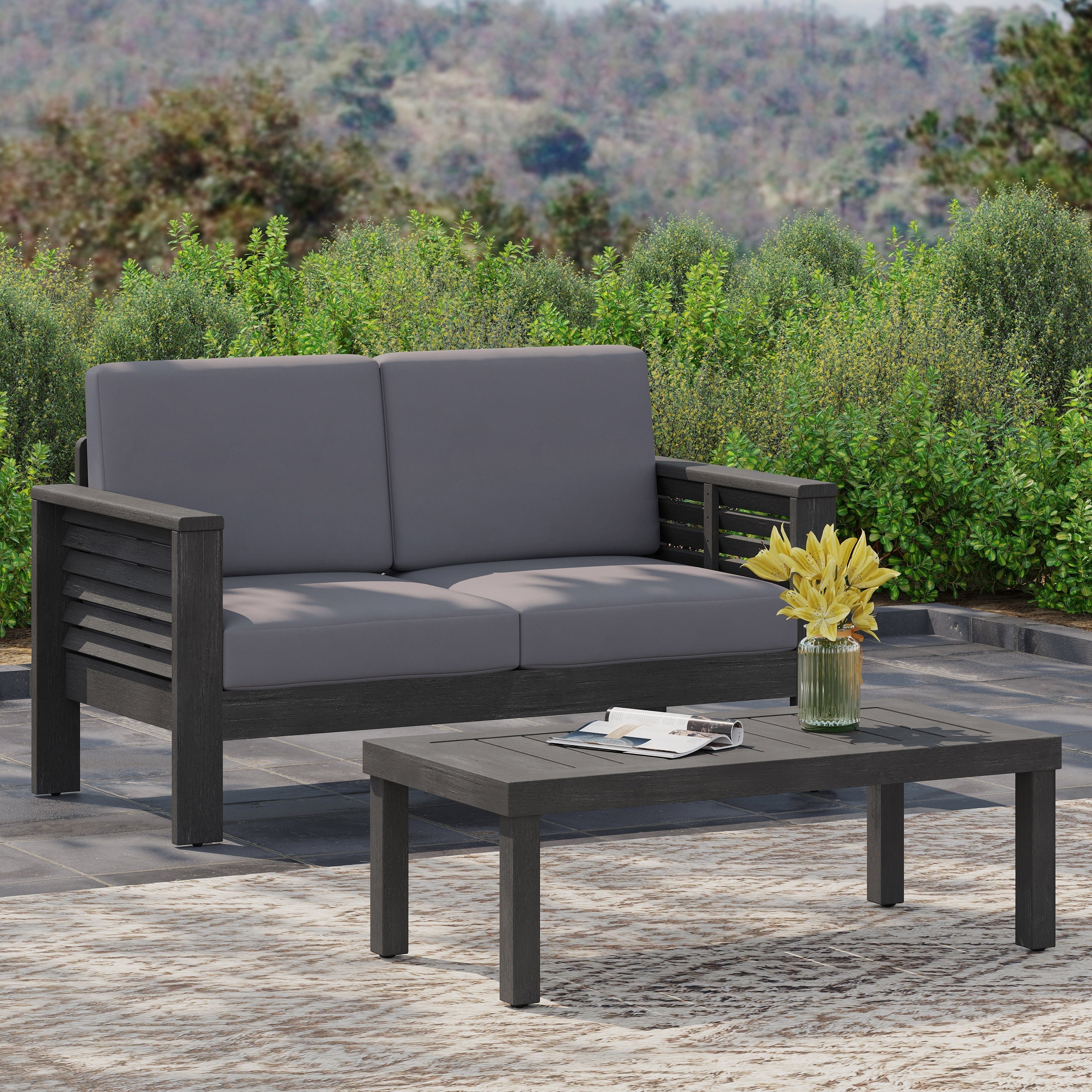 Ensemble causeuse et table basse d'extérieur en bois d'acacia Louver avec coussins par Christopher Knight Home