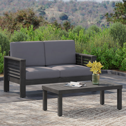 Ensemble causeuse et table basse d'extérieur en bois d'acacia Louver avec coussins par Christopher Knight Home