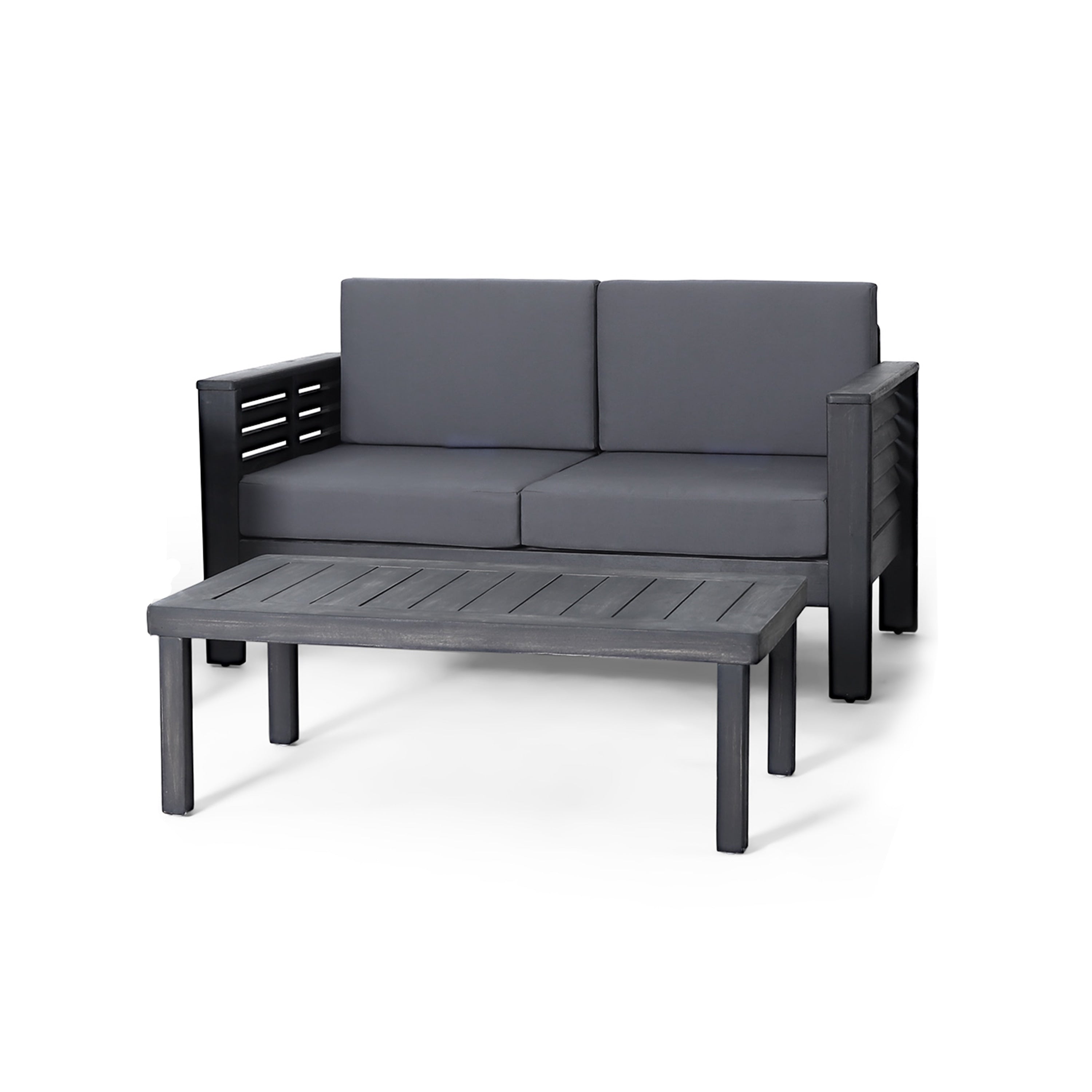 Ensemble causeuse et table basse d'extérieur en bois d'acacia Louver avec coussins par Christopher Knight Home