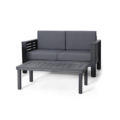 Ensemble causeuse et table basse d'extérieur en bois d'acacia Louver avec coussins par Christopher Knight Home