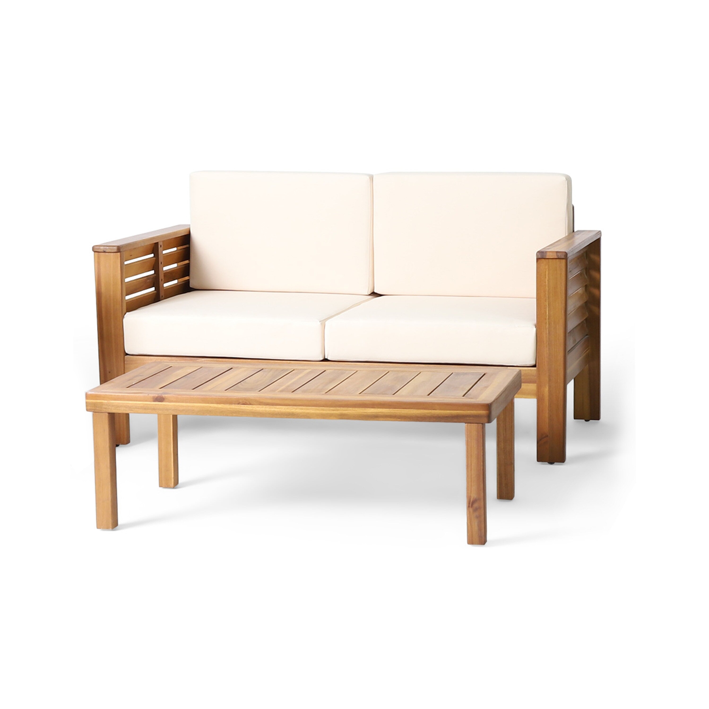 Ensemble causeuse et table basse d'extérieur en bois d'acacia Louver avec coussins par Christopher Knight Home