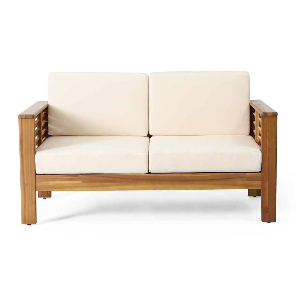 Ensemble causeuse et table basse d'extérieur en bois d'acacia Louver avec coussins par Christopher Knight Home