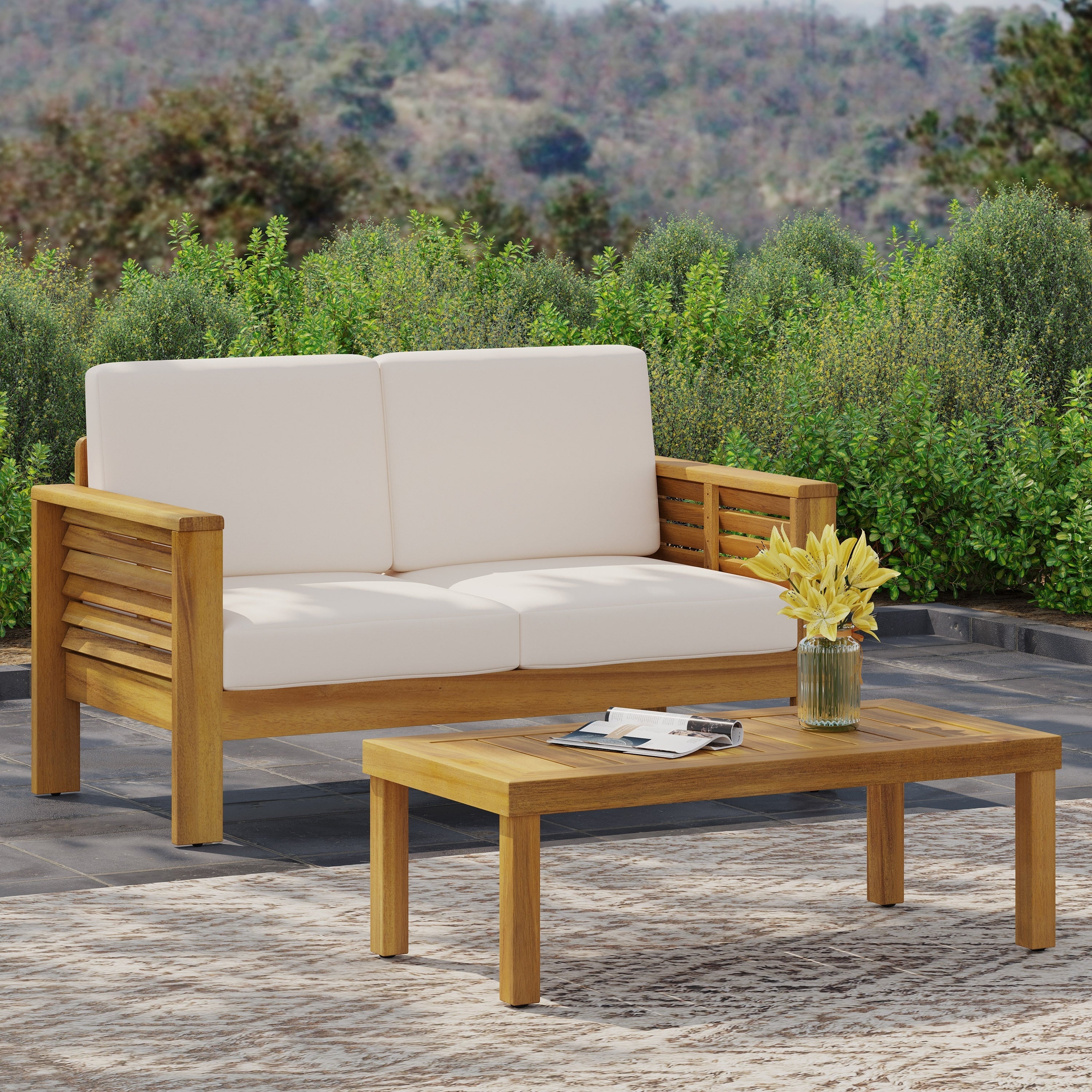 Ensemble causeuse et table basse d'extérieur en bois d'acacia Louver avec coussins par Christopher Knight Home