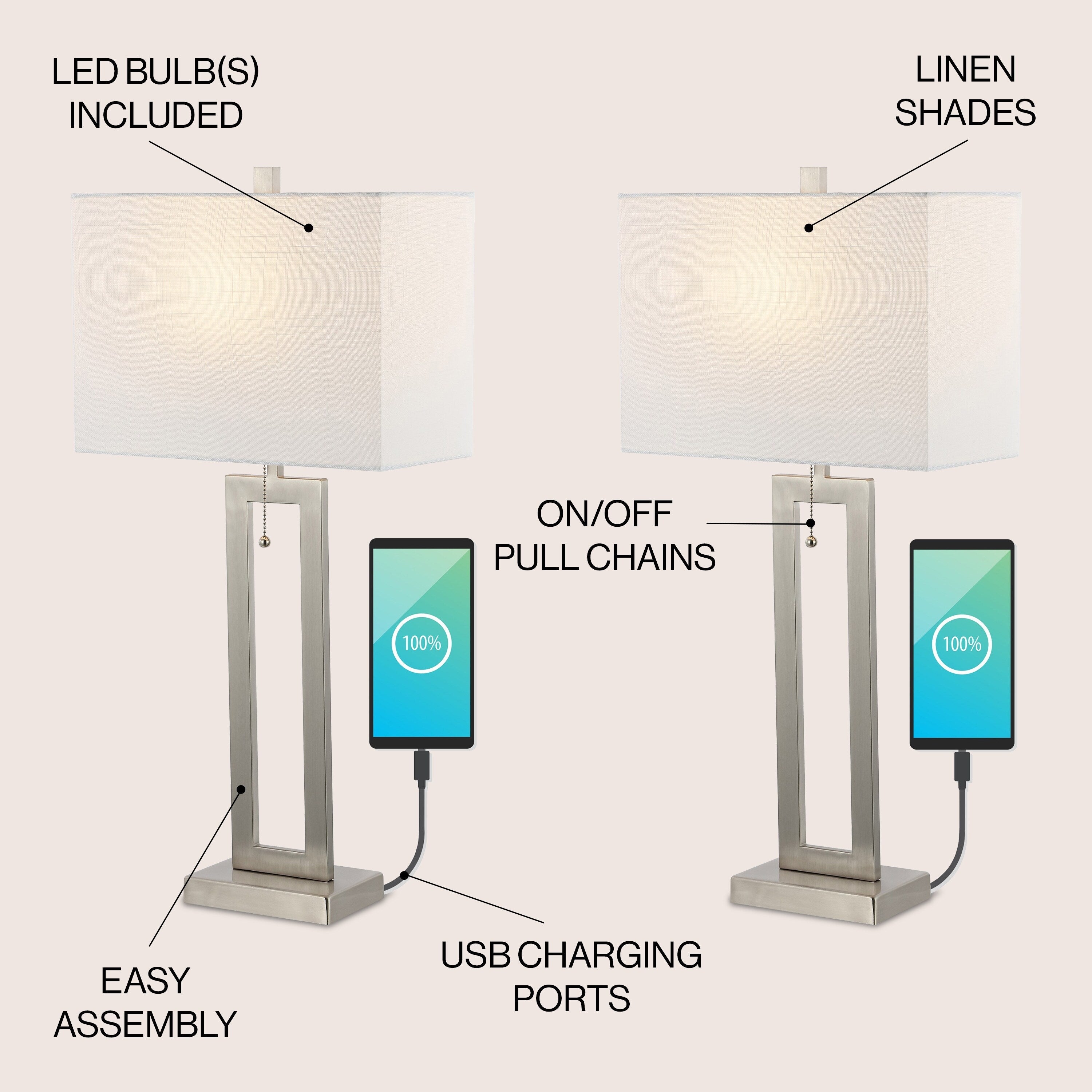 Lampe de table LED industrielle vintage Lucie 28,5 cm avec chaînette et port de chargement USB (lot de 2) par JONATHAN Y