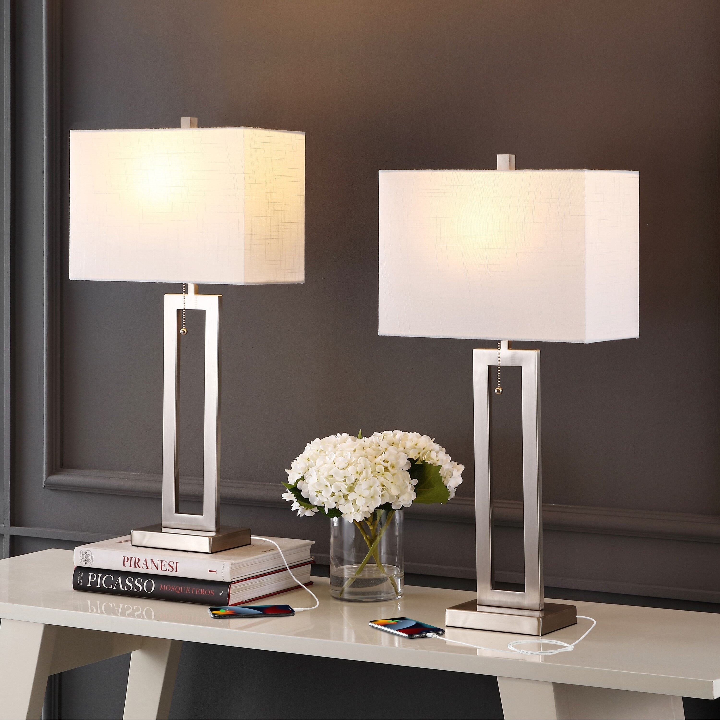 Lampe de table LED industrielle vintage Lucie 28,5 cm avec chaînette et port de chargement USB (lot de 2) par JONATHAN Y