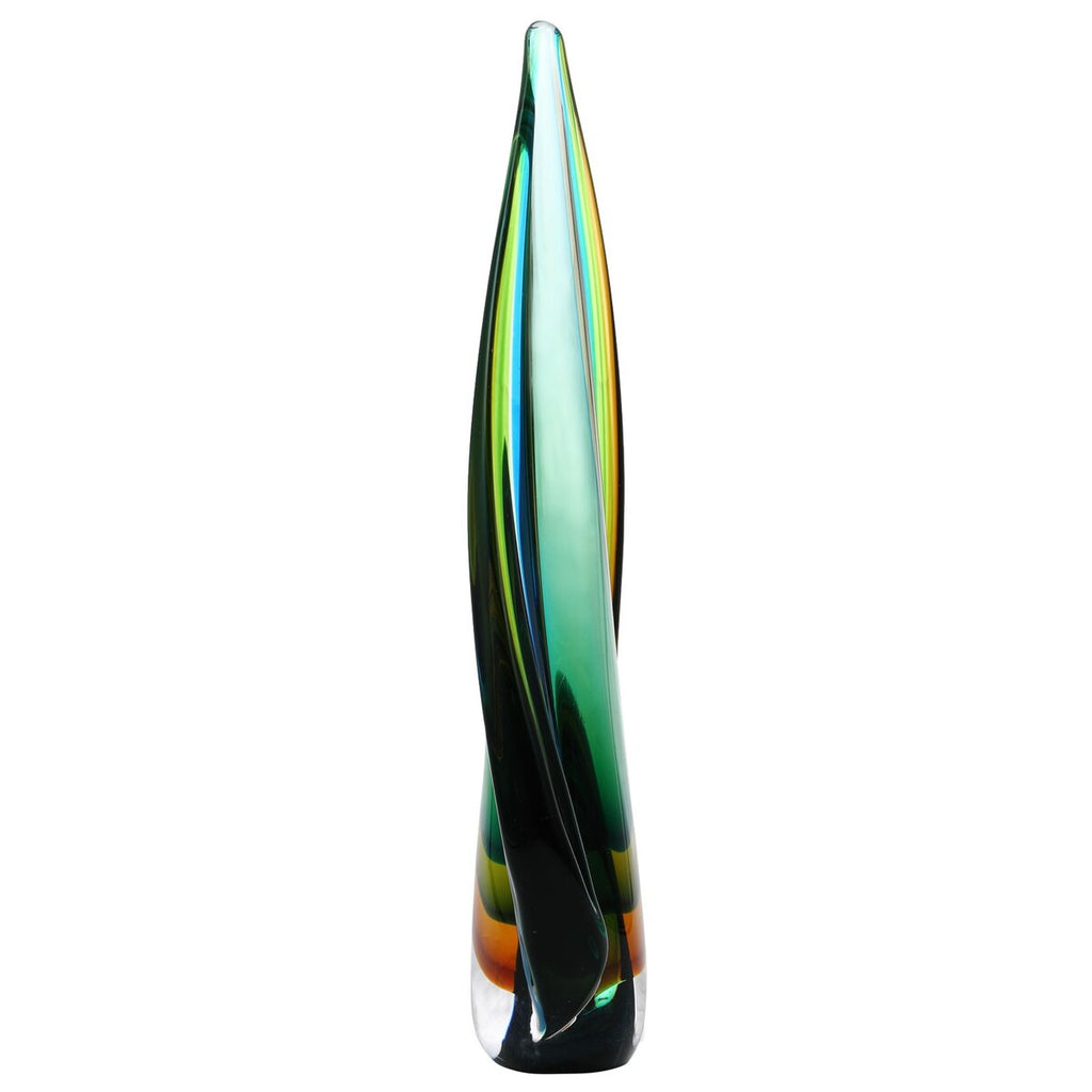 Sculpture en verre soufflé à la main en forme de larme de flamme verte de Luxury Lane, de 10 à 18 pouces de hauteur