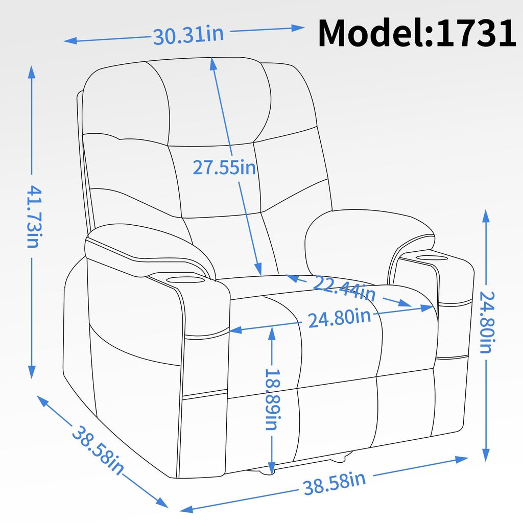 Fauteuil inclinable électrique en tissu pour personnes âgées, mécanisme de mouvement robuste avec massage et chauffage lombaire, porte-gobelets