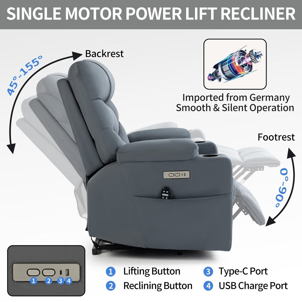 Fauteuil inclinable électrique en tissu pour personnes âgées, mécanisme de mouvement robuste avec massage et chauffage lombaire, porte-gobelets