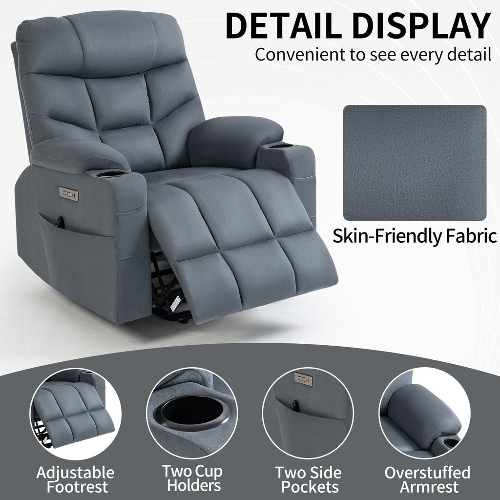 Fauteuil inclinable électrique en tissu pour personnes âgées, mécanisme de mouvement robuste avec massage et chauffage lombaire, porte-gobelets