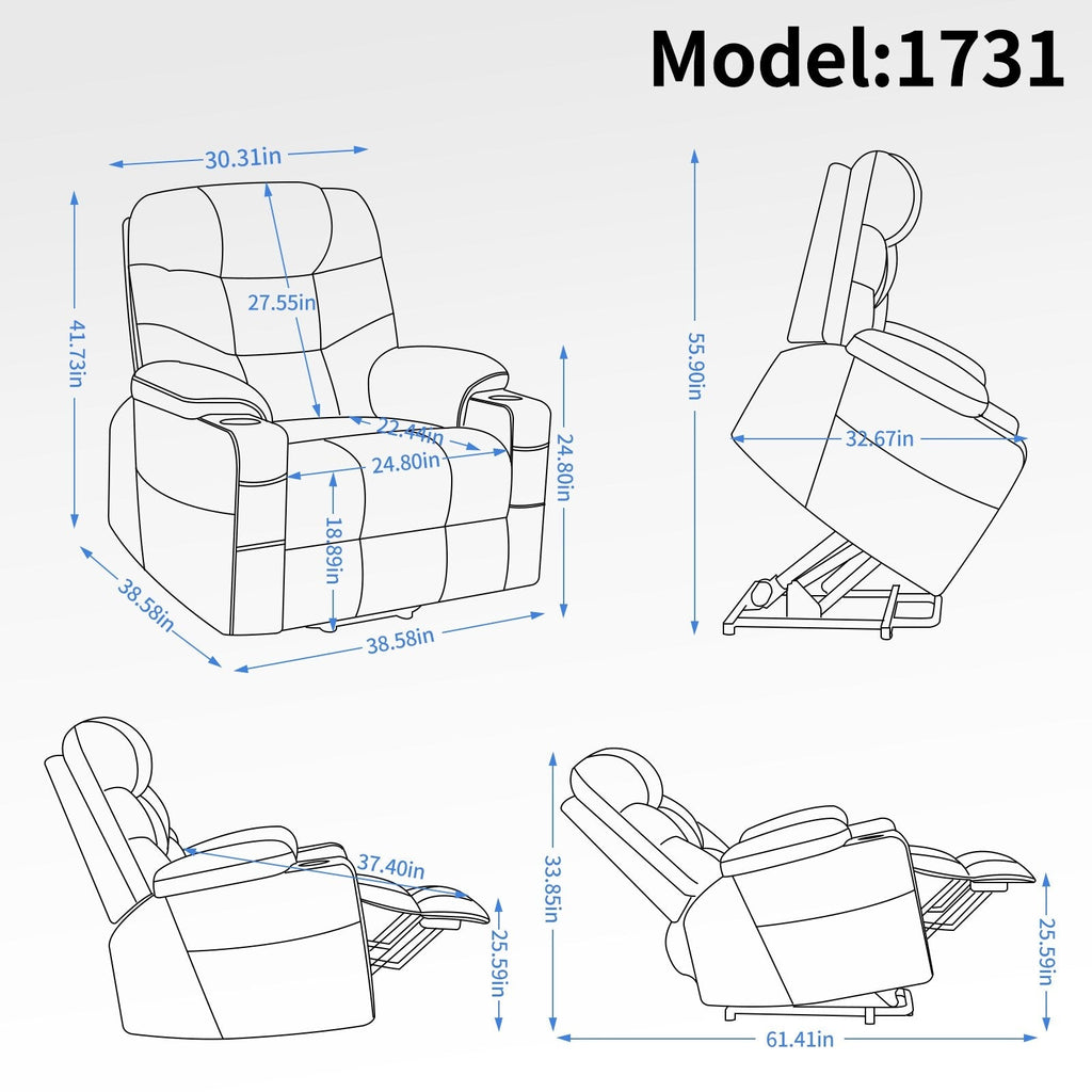 Fauteuil inclinable électrique en tissu pour personnes âgées, mécanisme de mouvement robuste avec massage et chauffage lombaire, porte-gobelets