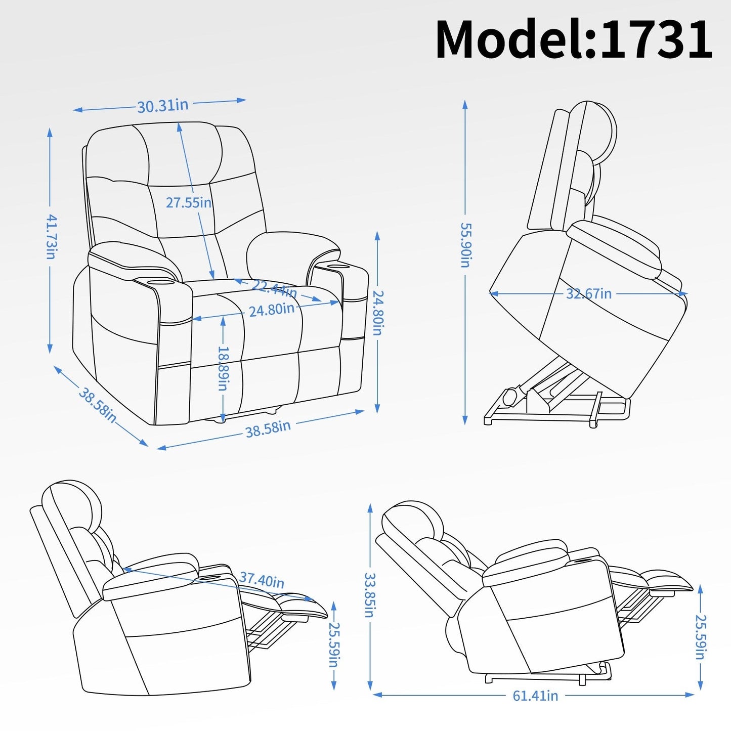 Fauteuil inclinable électrique en tissu pour personnes âgées, mécanisme de mouvement robuste avec massage et chauffage lombaire, porte-gobelets