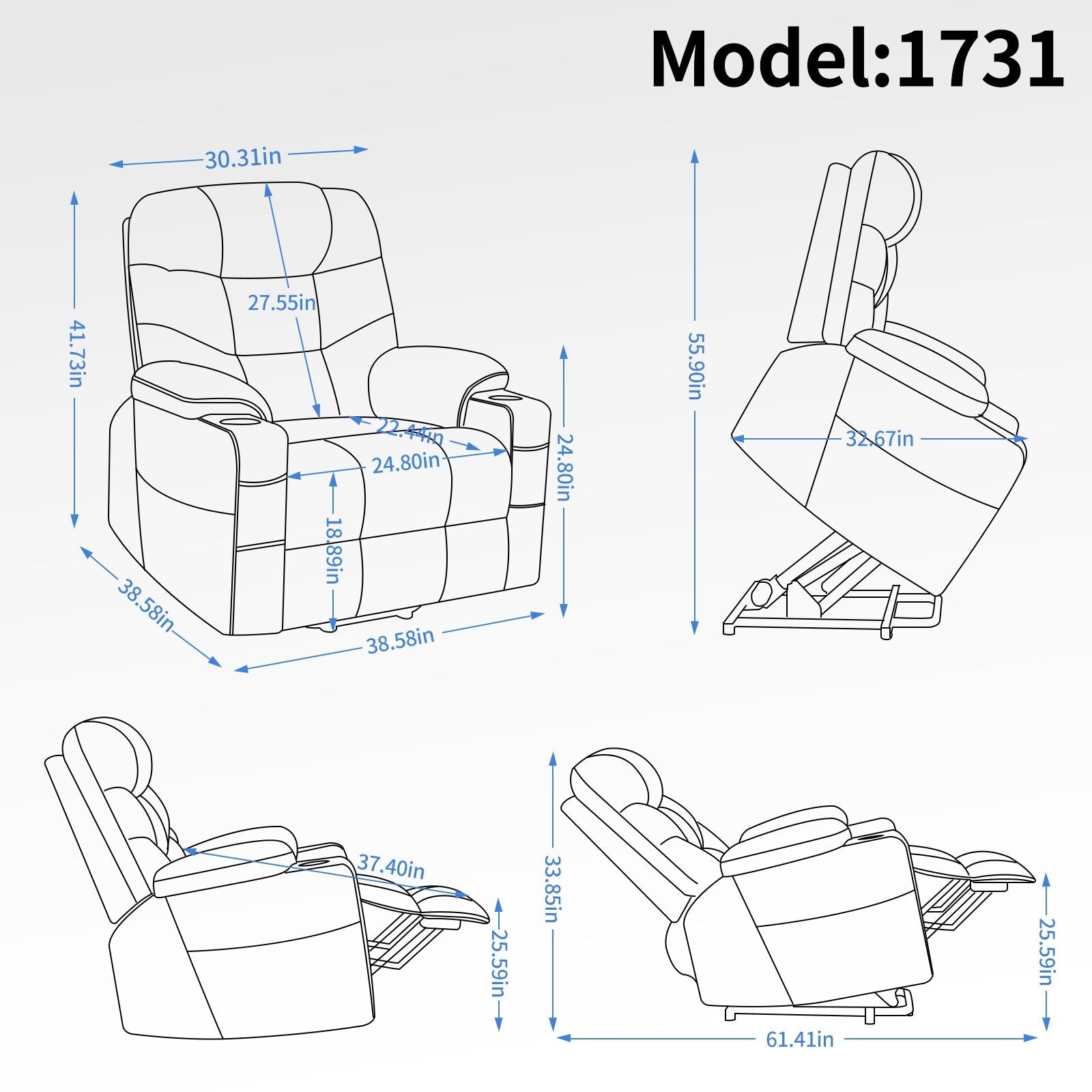 Fauteuil inclinable électrique en tissu pour personnes âgées, mécanisme de mouvement robuste avec massage et chauffage lombaire, porte-gobelets