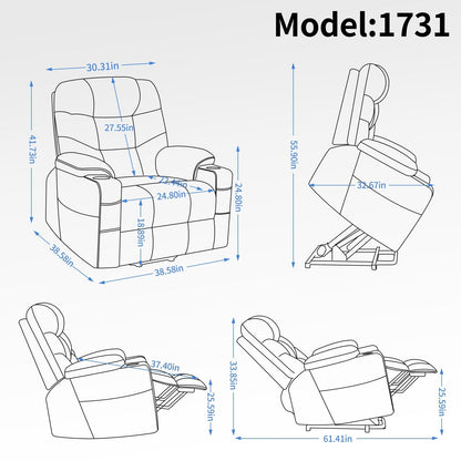 Fauteuil inclinable électrique en tissu pour personnes âgées, mécanisme de mouvement robuste avec massage et chauffage lombaire, porte-gobelets