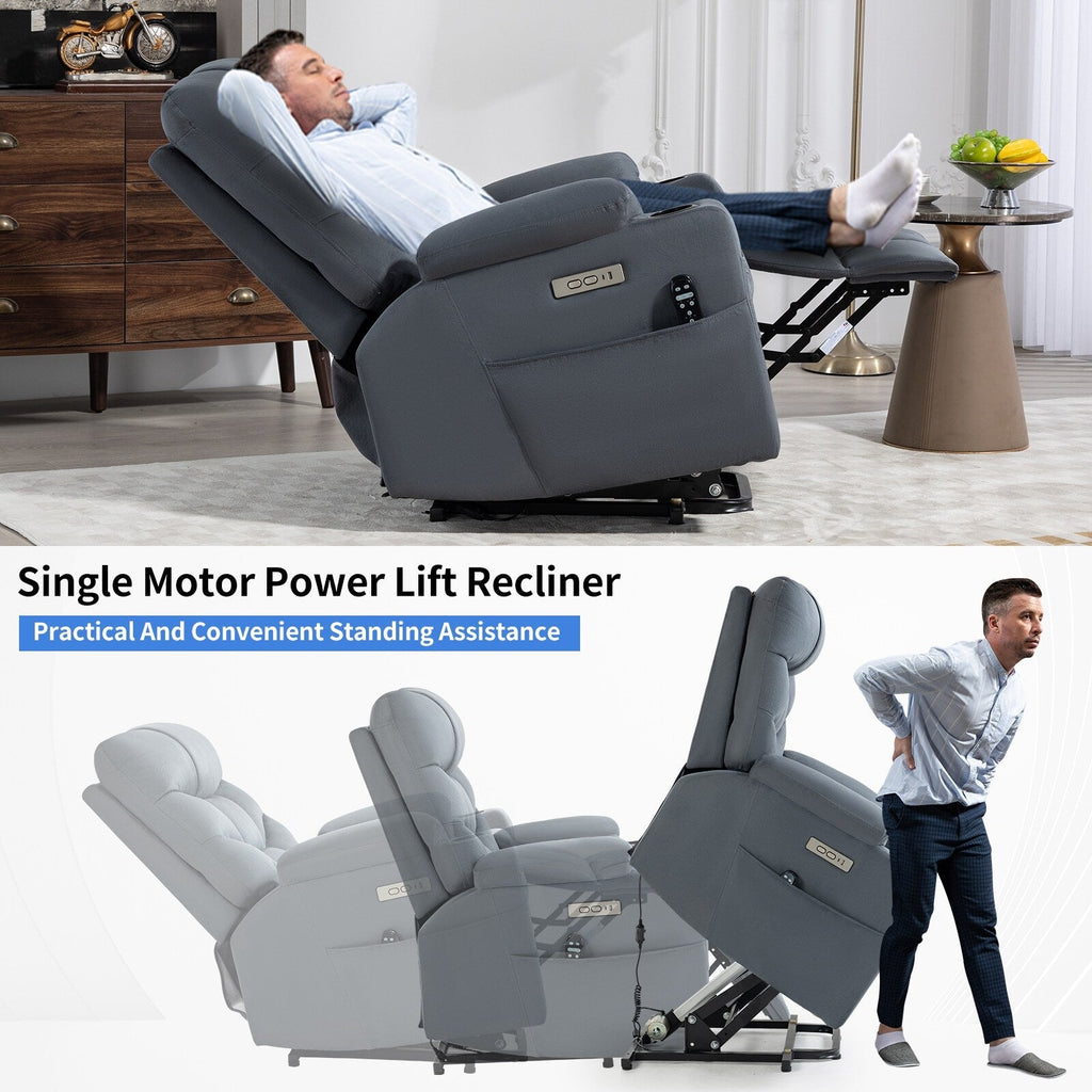 Fauteuil inclinable électrique en tissu pour personnes âgées, mécanisme de mouvement robuste avec massage et chauffage lombaire, porte-gobelets