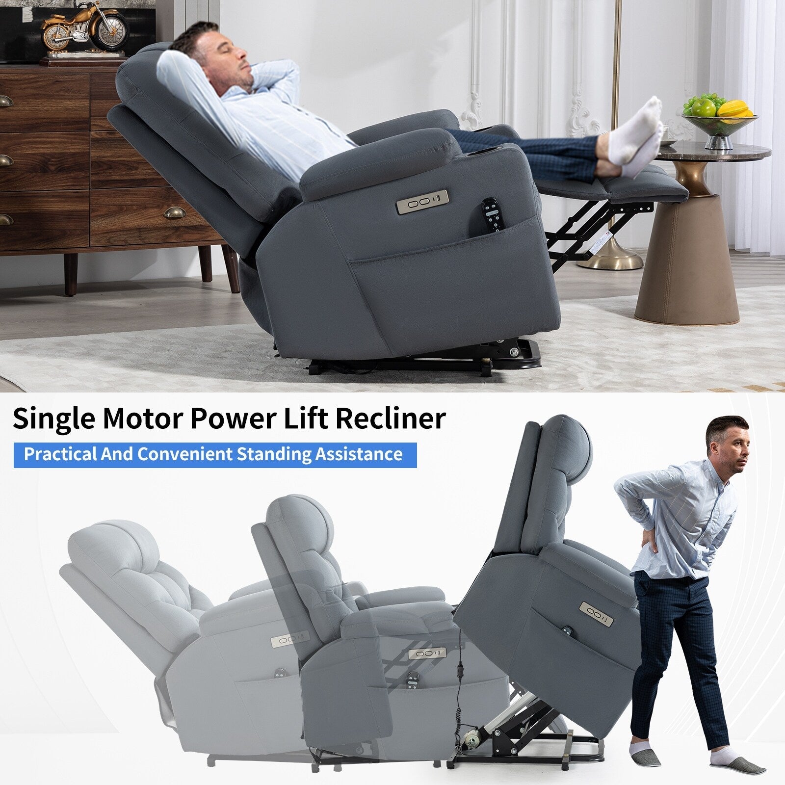 Fauteuil inclinable électrique en tissu pour personnes âgées, mécanisme de mouvement robuste avec massage et chauffage lombaire, porte-gobelets