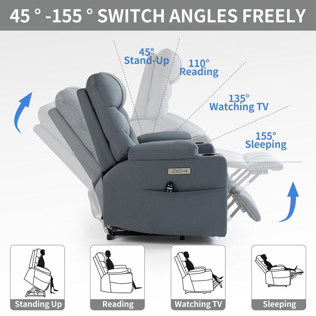 Fauteuil inclinable électrique en tissu pour personnes âgées, mécanisme de mouvement robuste avec massage et chauffage lombaire, porte-gobelets