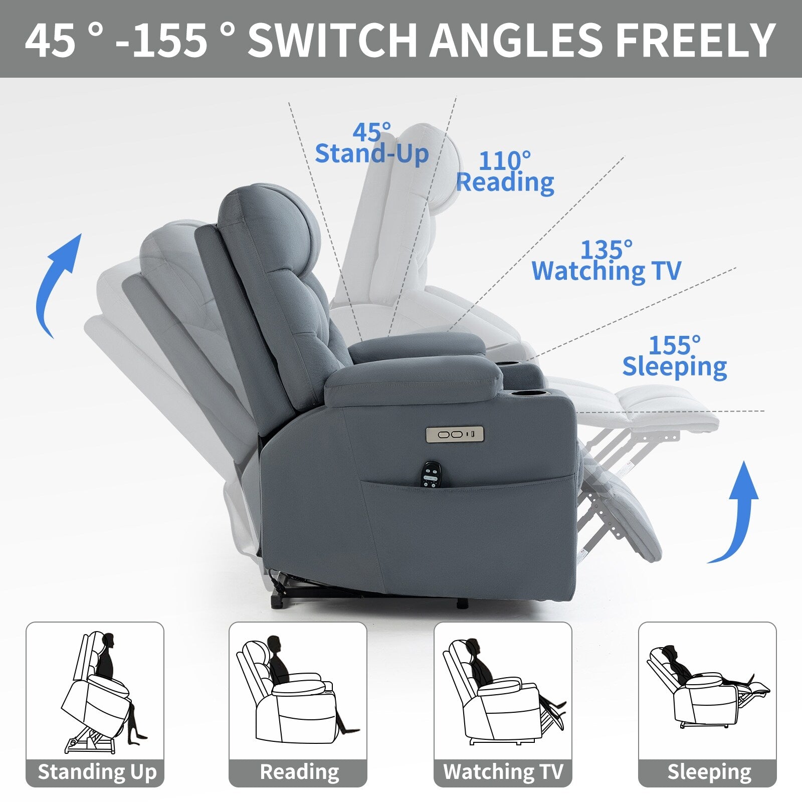 Fauteuil inclinable électrique en tissu pour personnes âgées, mécanisme de mouvement robuste avec massage et chauffage lombaire, porte-gobelets