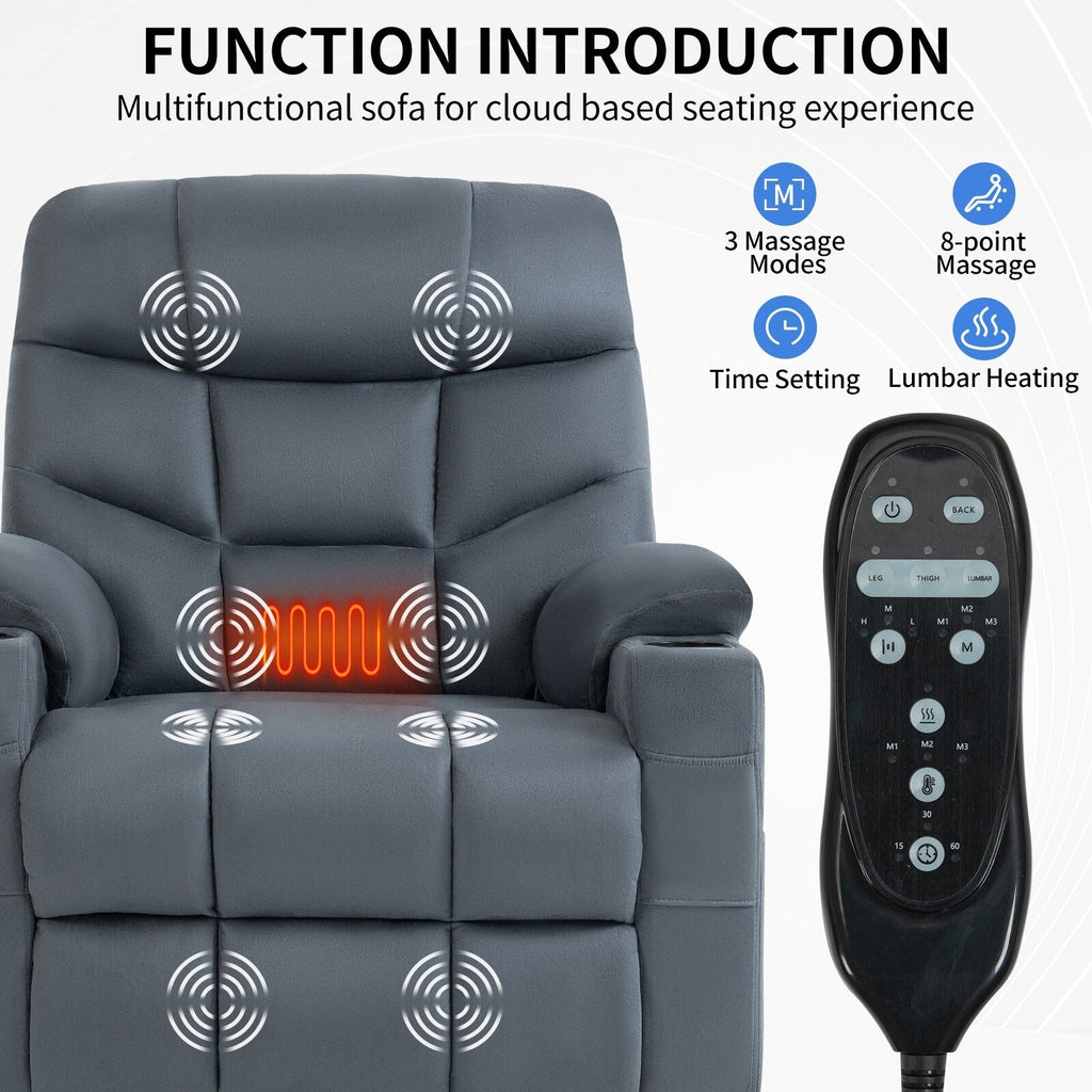 Fauteuil inclinable électrique en tissu pour personnes âgées, mécanisme de mouvement robuste avec massage et chauffage lombaire, porte-gobelets