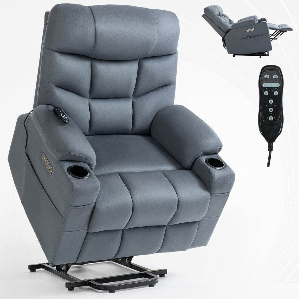 Fauteuil inclinable électrique en tissu pour personnes âgées, mécanisme de mouvement robuste avec massage et chauffage lombaire, porte-gobelets