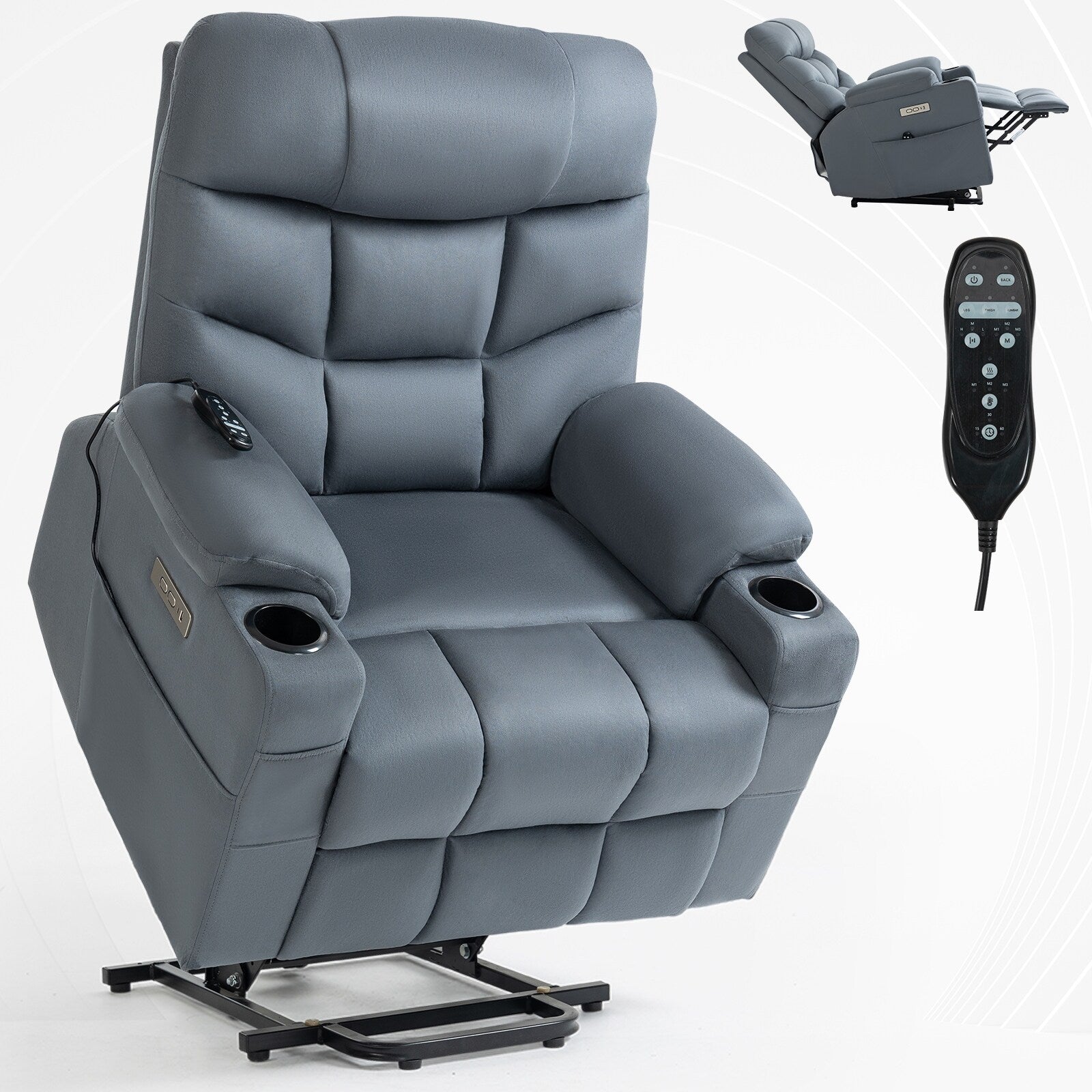 Fauteuil inclinable électrique en tissu pour personnes âgées, mécanisme de mouvement robuste avec massage et chauffage lombaire, porte-gobelets