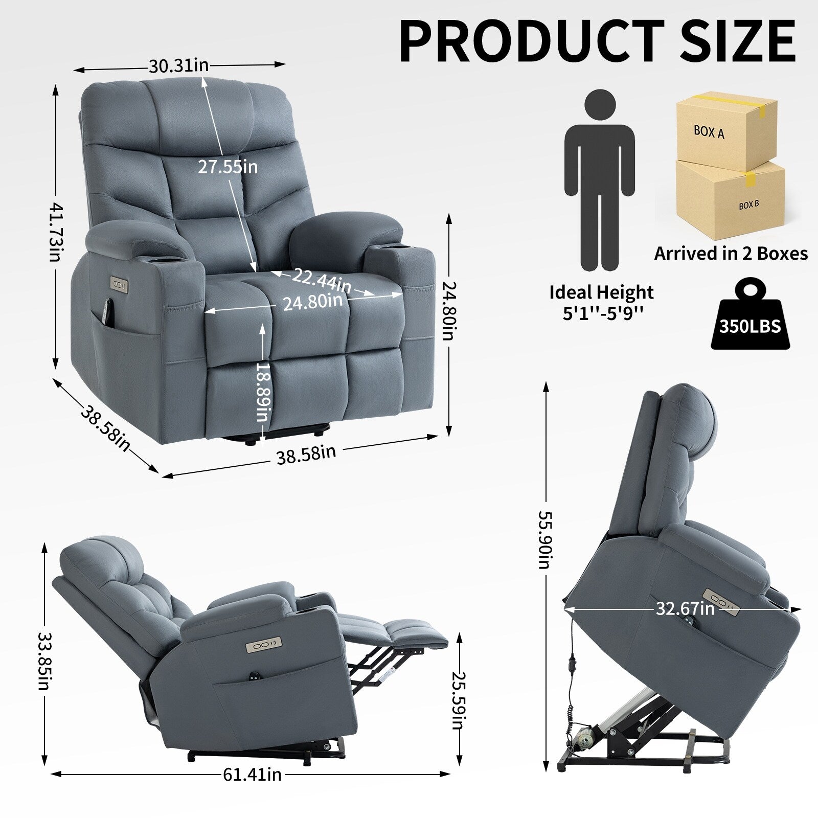 Fauteuil inclinable électrique en tissu pour personnes âgées, mécanisme de mouvement robuste avec massage et chauffage lombaire, porte-gobelets