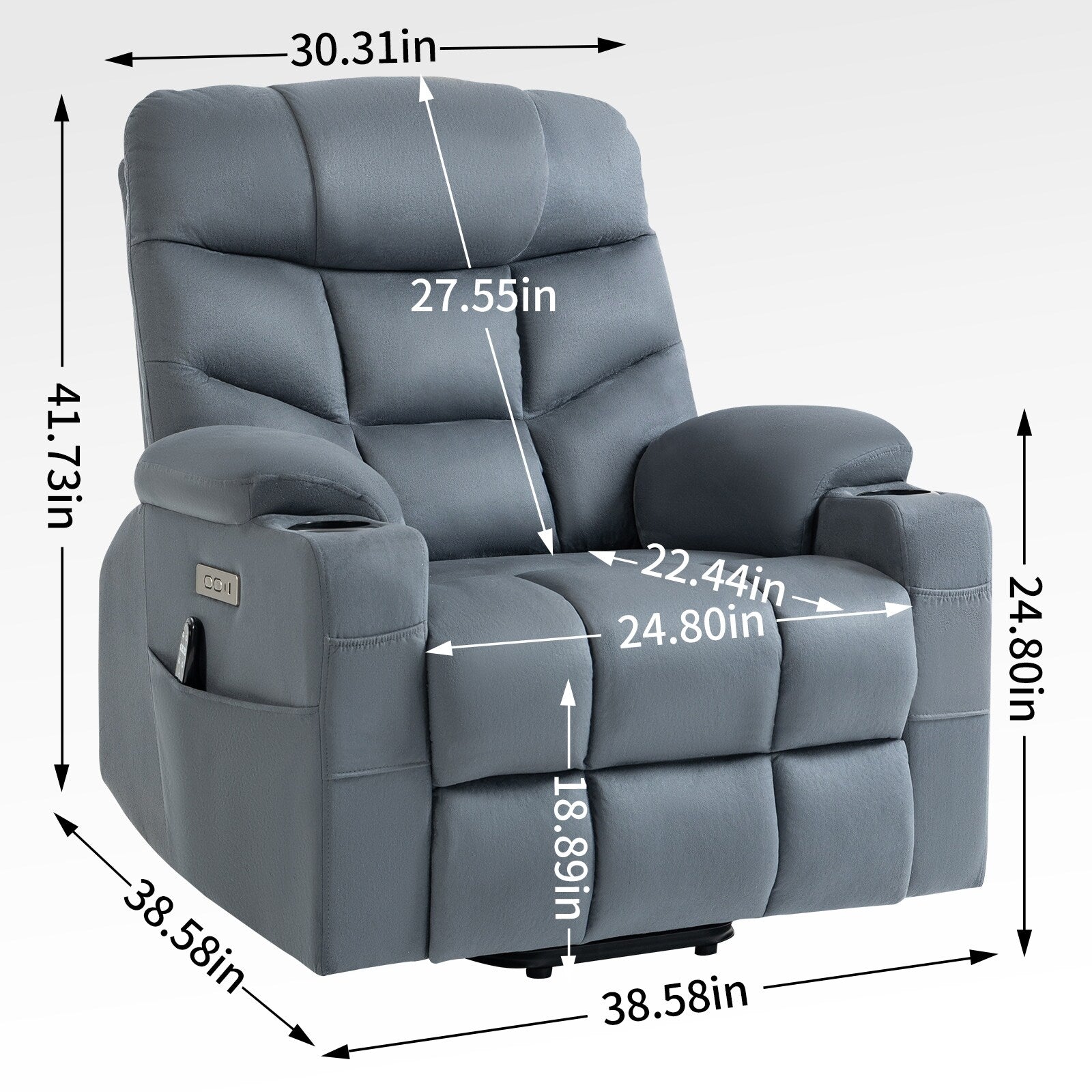 Fauteuil inclinable électrique en tissu pour personnes âgées, mécanisme de mouvement robuste avec massage et chauffage lombaire, porte-gobelets