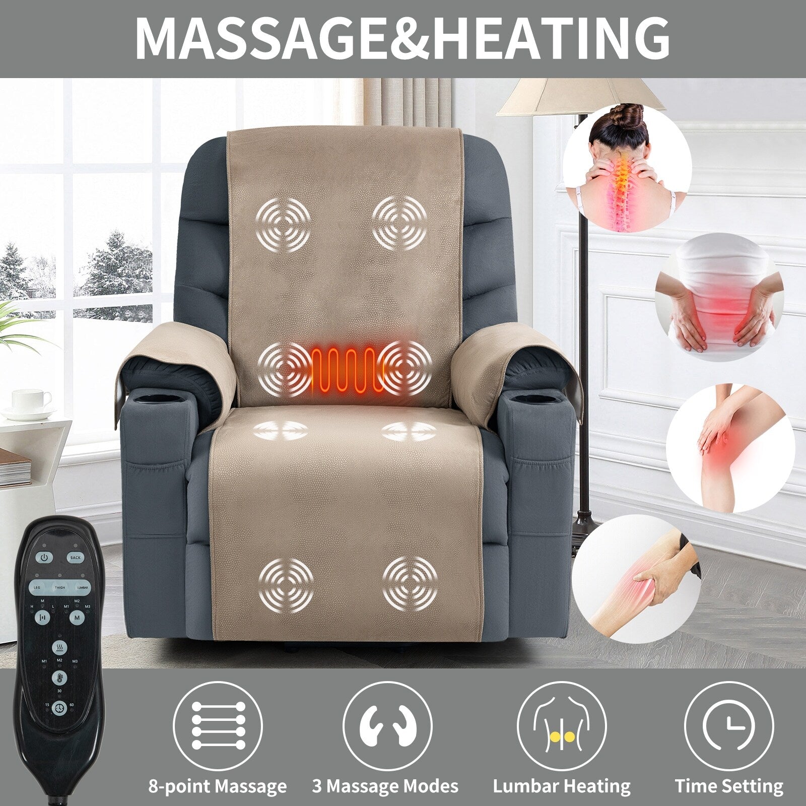 Fauteuil inclinable électrique en tissu pour personnes âgées, mécanisme de mouvement robuste avec massage et chauffage lombaire, porte-gobelets