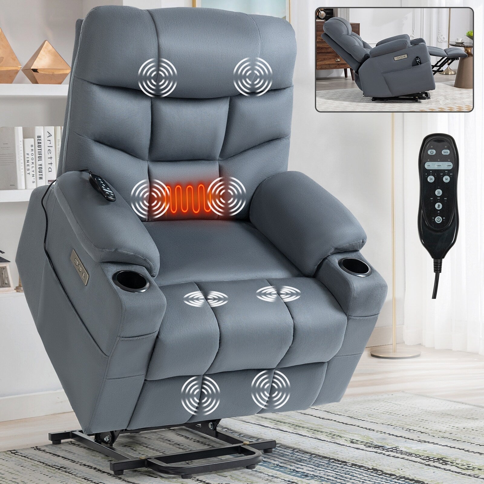 Fauteuil inclinable électrique en tissu pour personnes âgées, mécanisme de mouvement robuste avec massage et chauffage lombaire, porte-gobelets