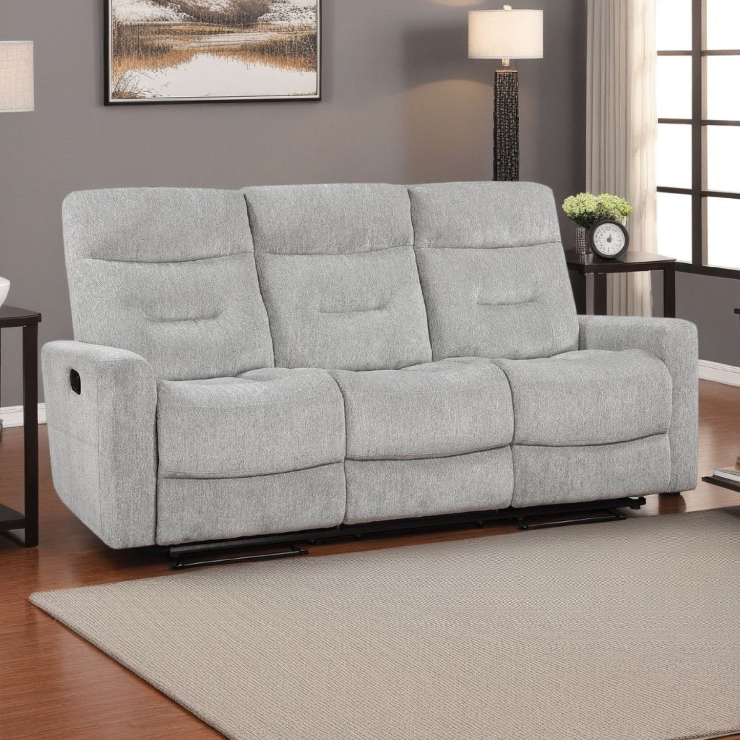 Canapé inclinable double manuel Lyns, tissu chenille gris doux, 81 pouces
