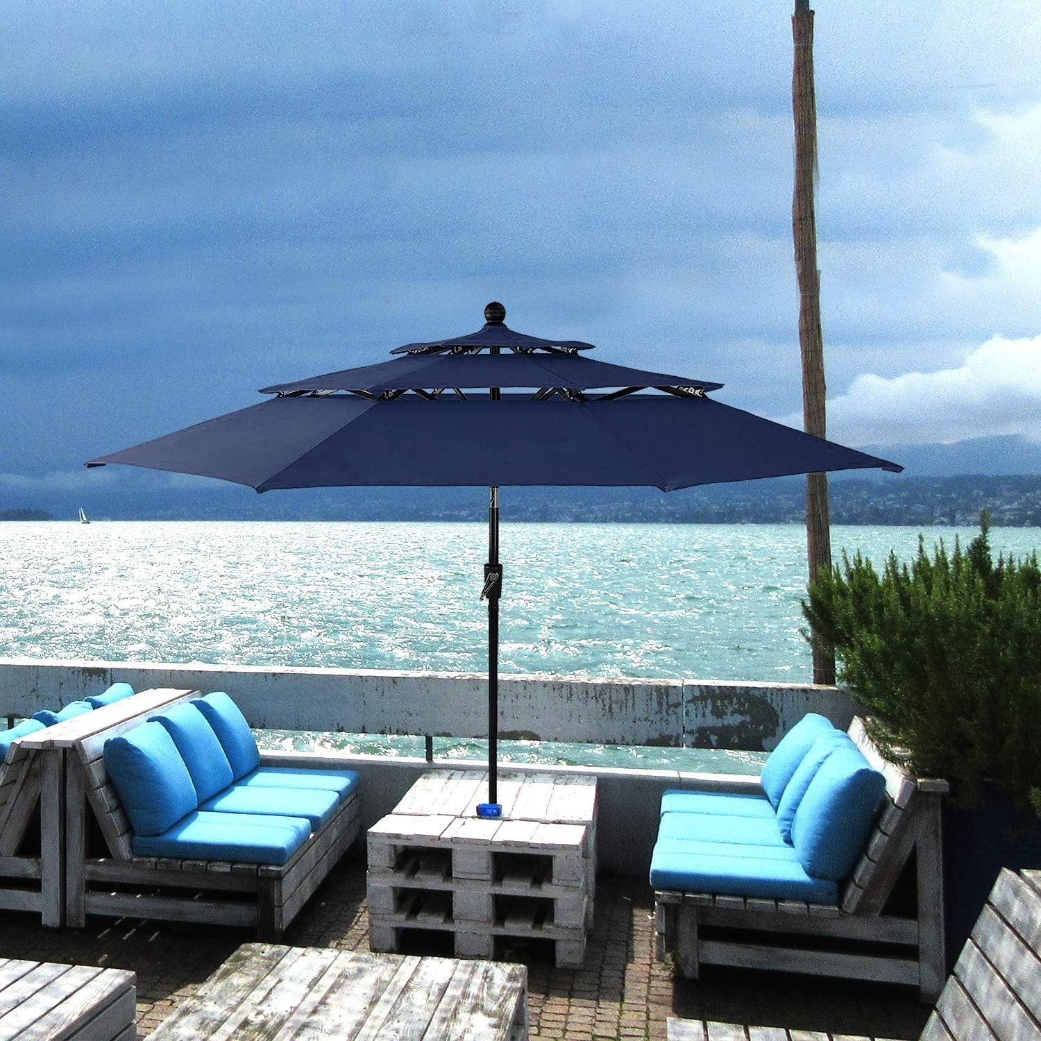 MAISON ARTS 10ft 3 Tiers Vented Patio Outdoor Umbrella with Auto-tilt and Crank Lift
