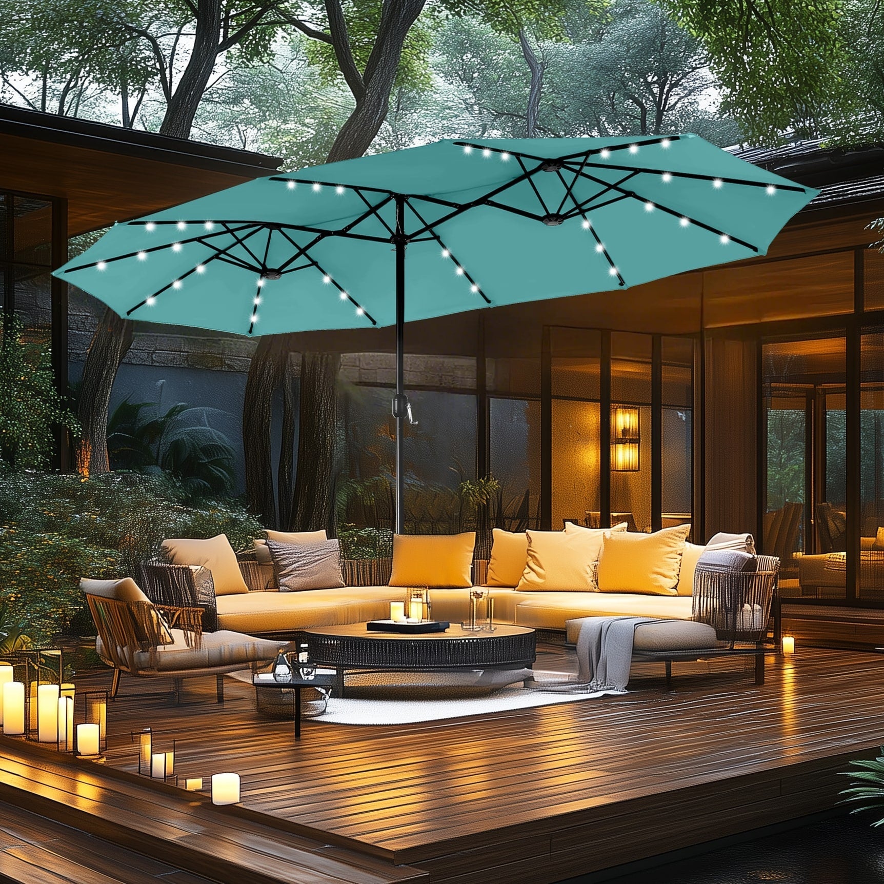 MAISON ARTS 15-foot Rectangular Crank Double-sided Outdoor Market Umbrella Solar LED Lighted Patio Umbrella with Base Included